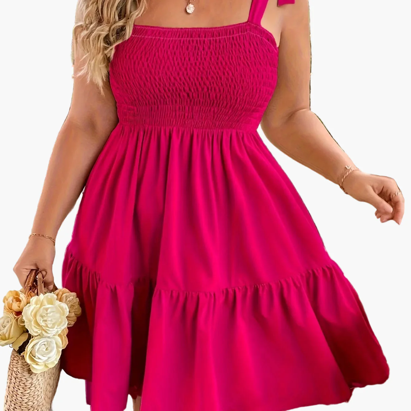 Damen Sommer Minikleid mit Smok-Oberteil und Schulter-Schleife – Perfekt für Urlaub und Freizeit - Image 13