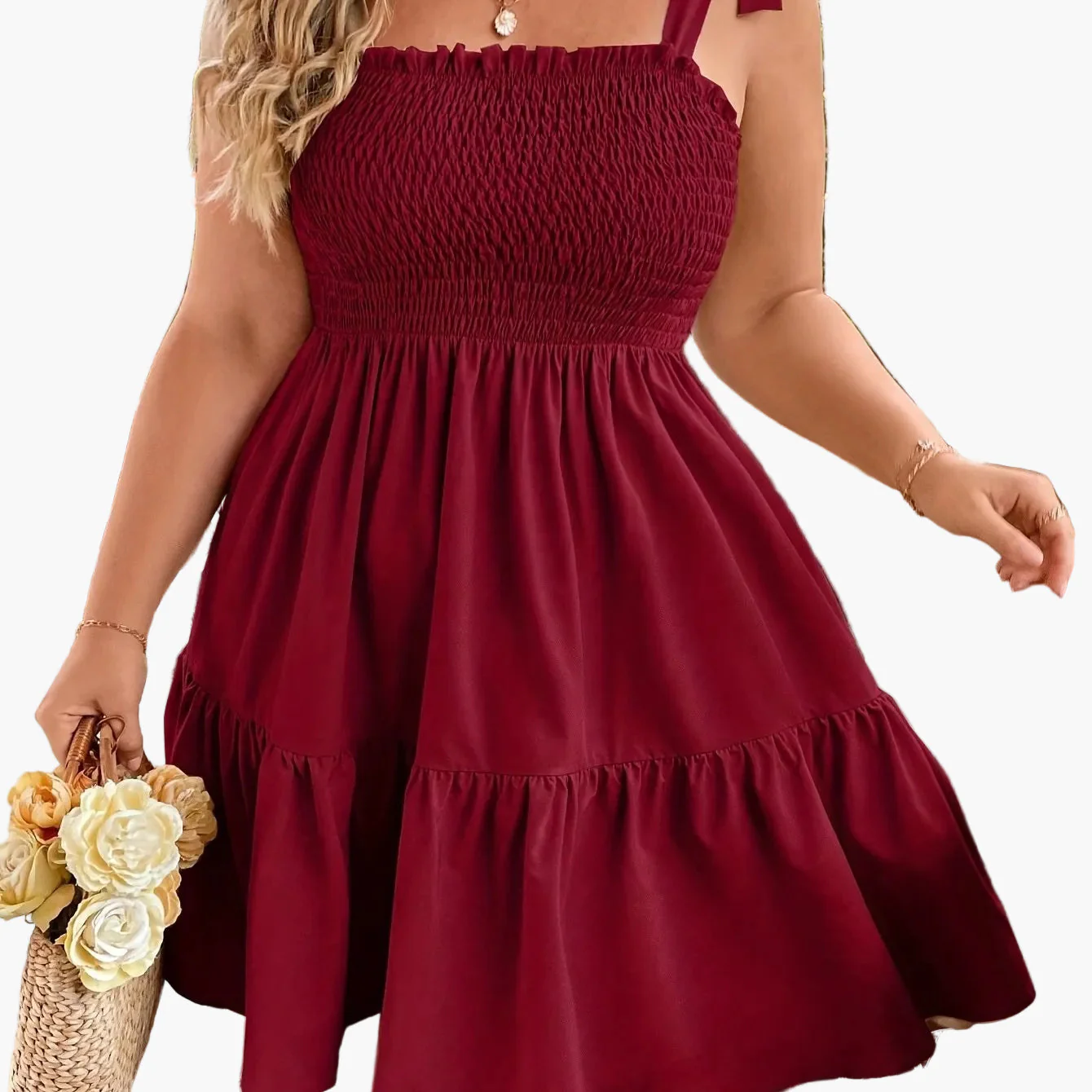 Damen Sommer Minikleid mit Smok-Oberteil und Schulter-Schleife – Perfekt für Urlaub und Freizeit - Image 15