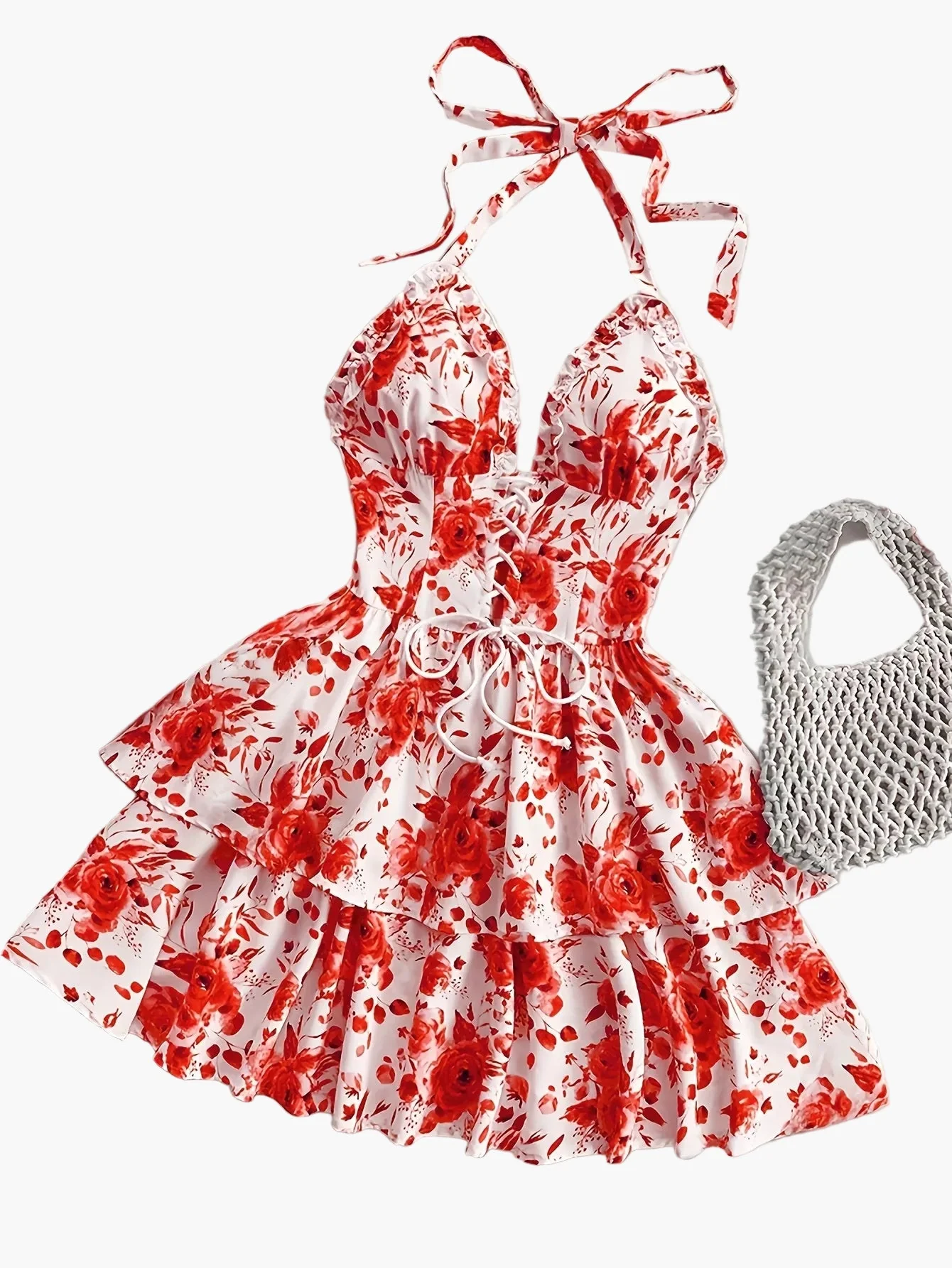 Damen Sommer Minikleid mit Rosenmuster, Halterneck, Rüschen und Schnürung – Romantisches Freizeitkleid für Gartenpartys & Urlaub - Image 2