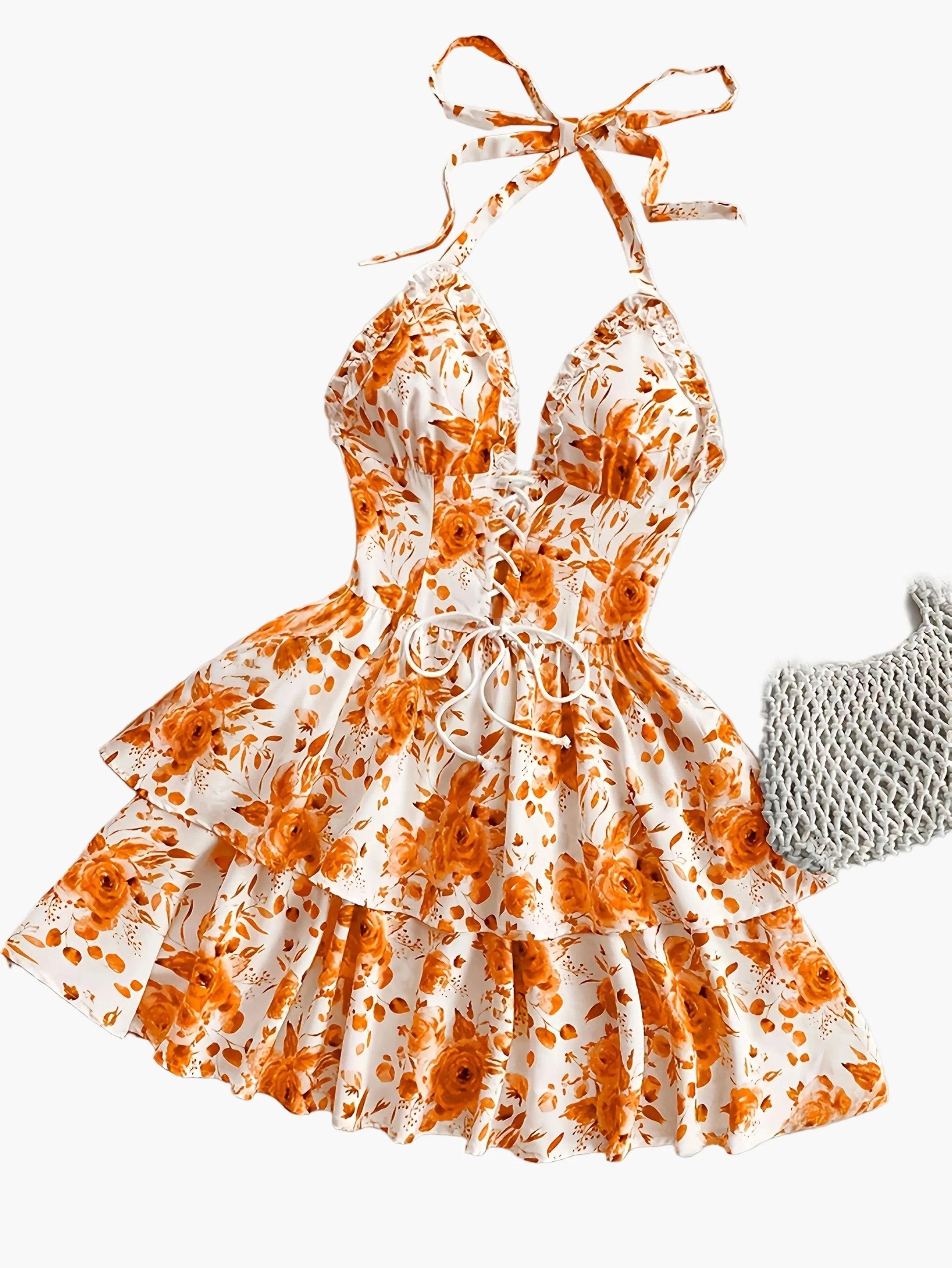 Damen Sommer Minikleid mit Rosenmuster, Halterneck, Rüschen und Schnürung – Romantisches Freizeitkleid für Gartenpartys & Urlaub - Image 3