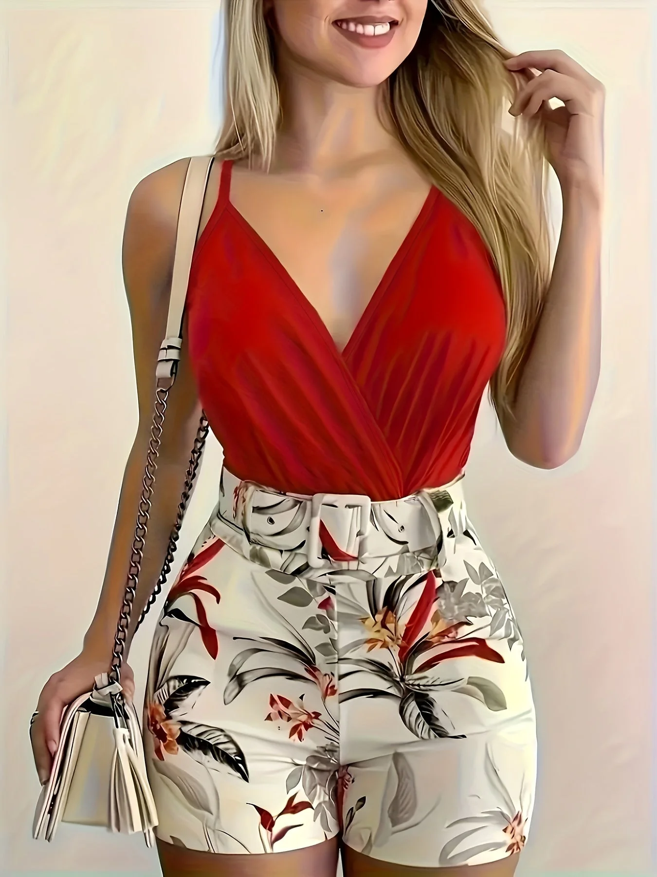 Damen Sommer Outfit Set – Ärmelloser V-Ausschnitt Body & Hochtaillierte Florale Shorts mit Gürtel, Modischer Freizeit-Look