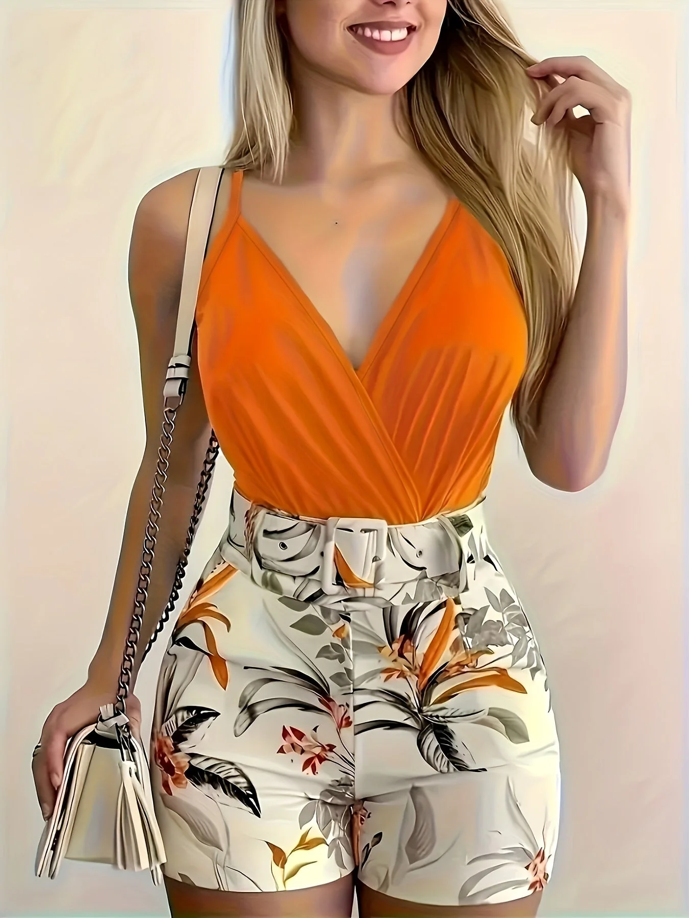 Damen Sommer Outfit Set – Ärmelloser V-Ausschnitt Body & Hochtaillierte Florale Shorts mit Gürtel, Modischer Freizeit-Look - Image 3