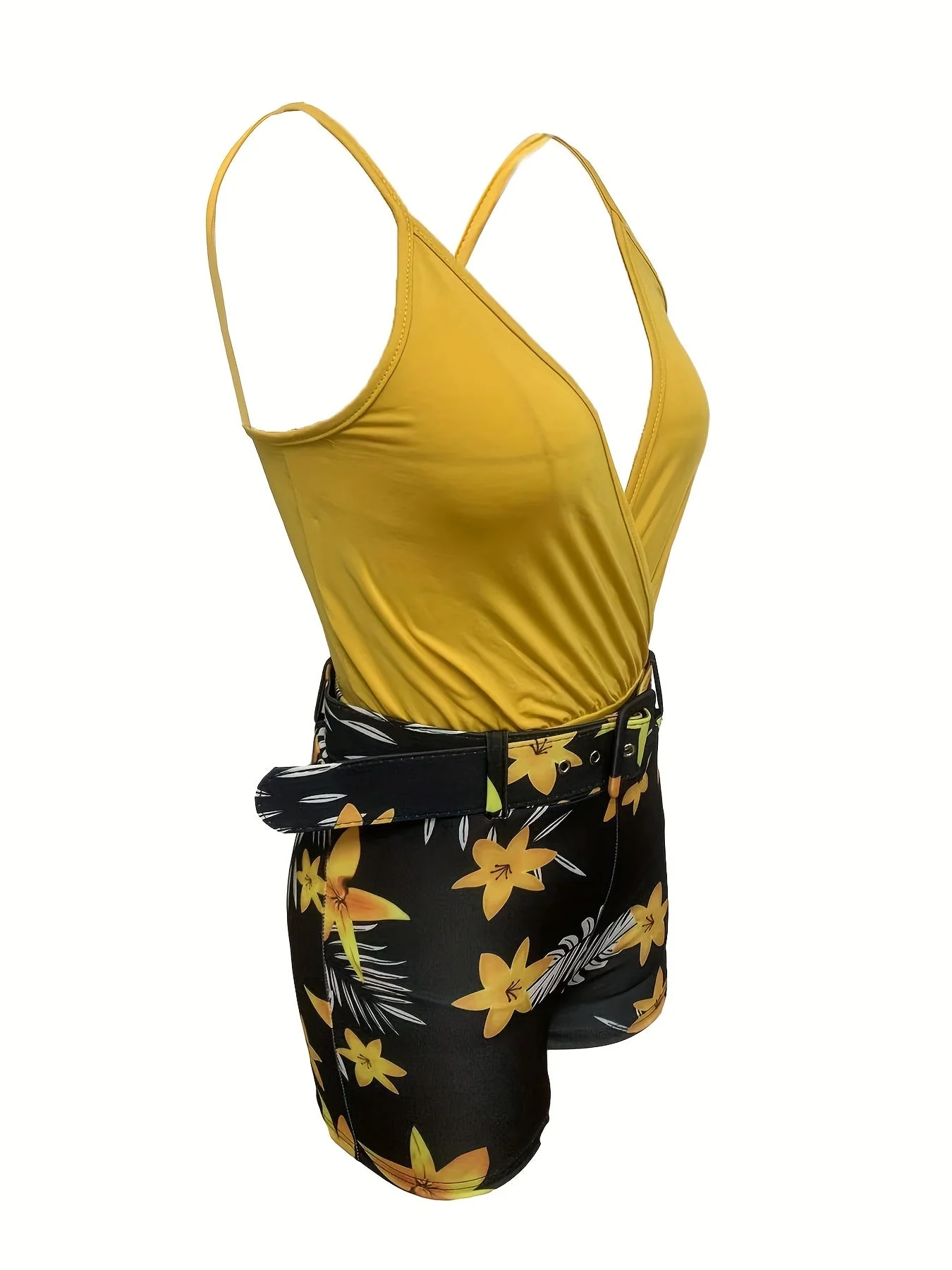 Damen Sommer Outfit Set – Ärmelloser V-Ausschnitt Body & Hochtaillierte Florale Shorts mit Gürtel, Modischer Freizeit-Look - Image 6