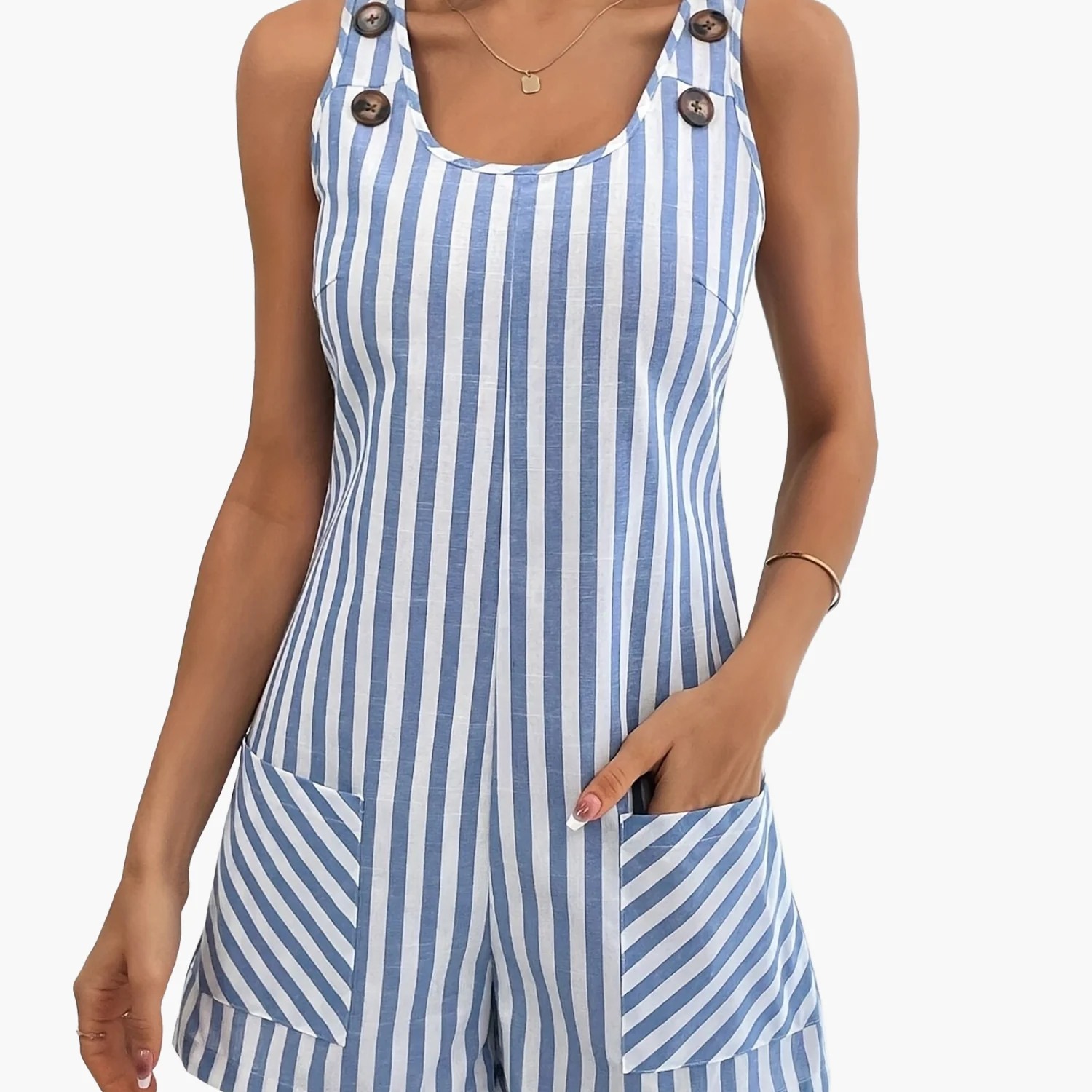 Damen Sommer-Overall mit Streifenmuster und Knopfdetails, lässiger Einteiler für Alltag und Urlaub - Image 6