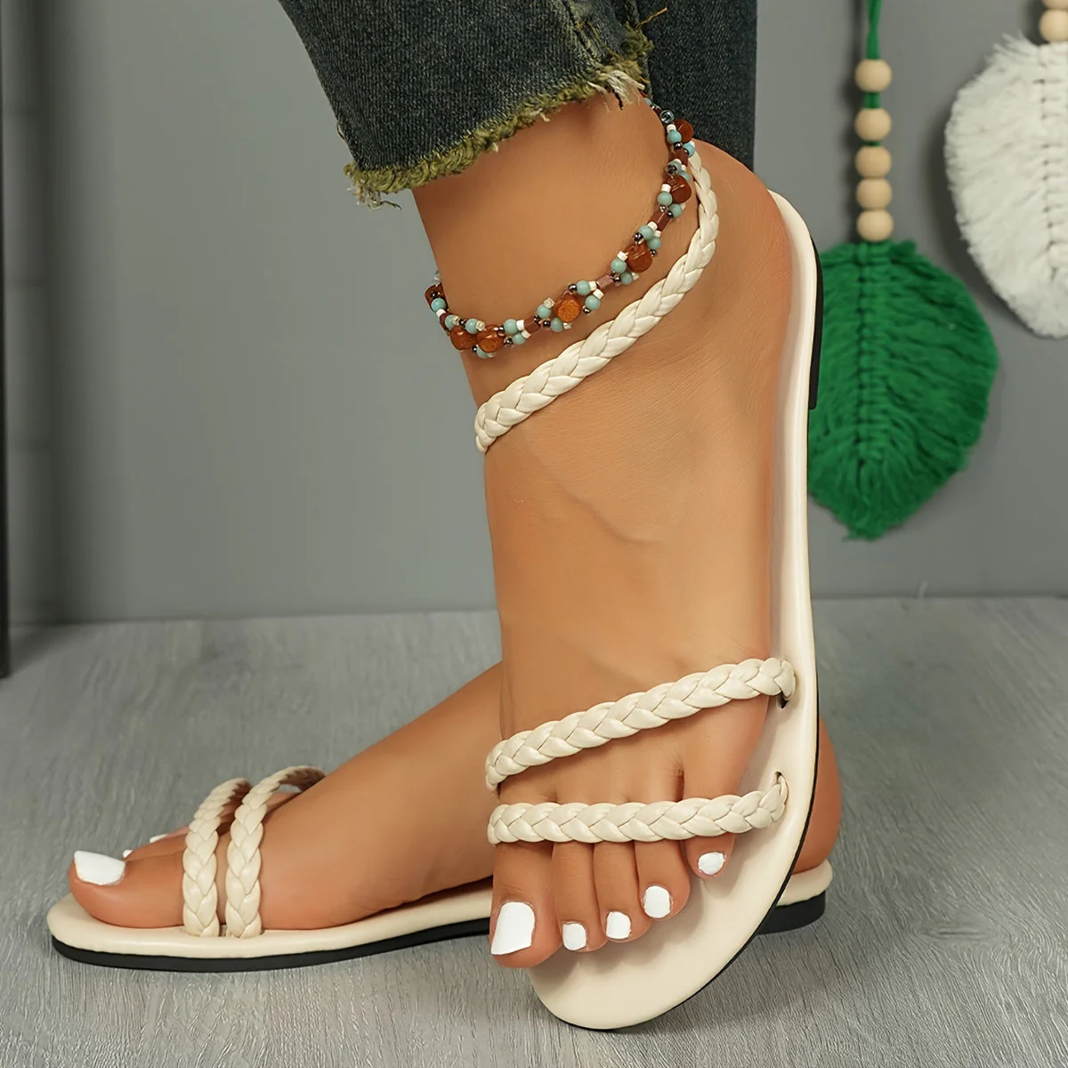 Damen Sommer Sandalen mit geflochtenen Riemen – Flache, offene Zehensandalen für Freizeit und Urlaub - Image 16