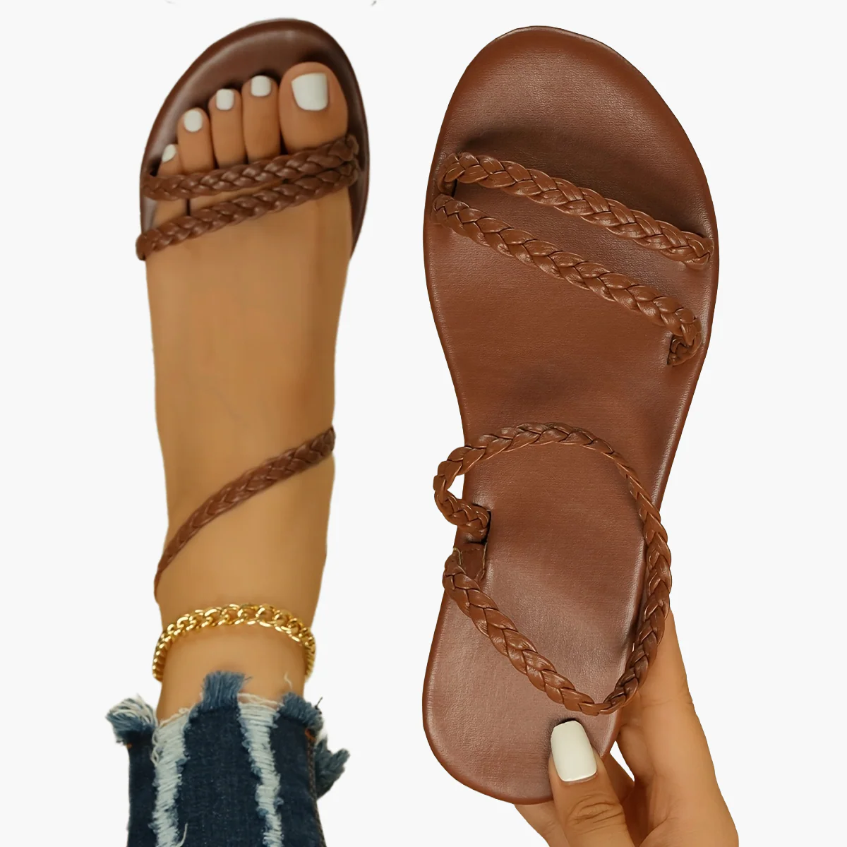 Damen Sommer Sandalen mit geflochtenen Riemen – Flache, offene Zehensandalen für Freizeit und Urlaub - Image 18