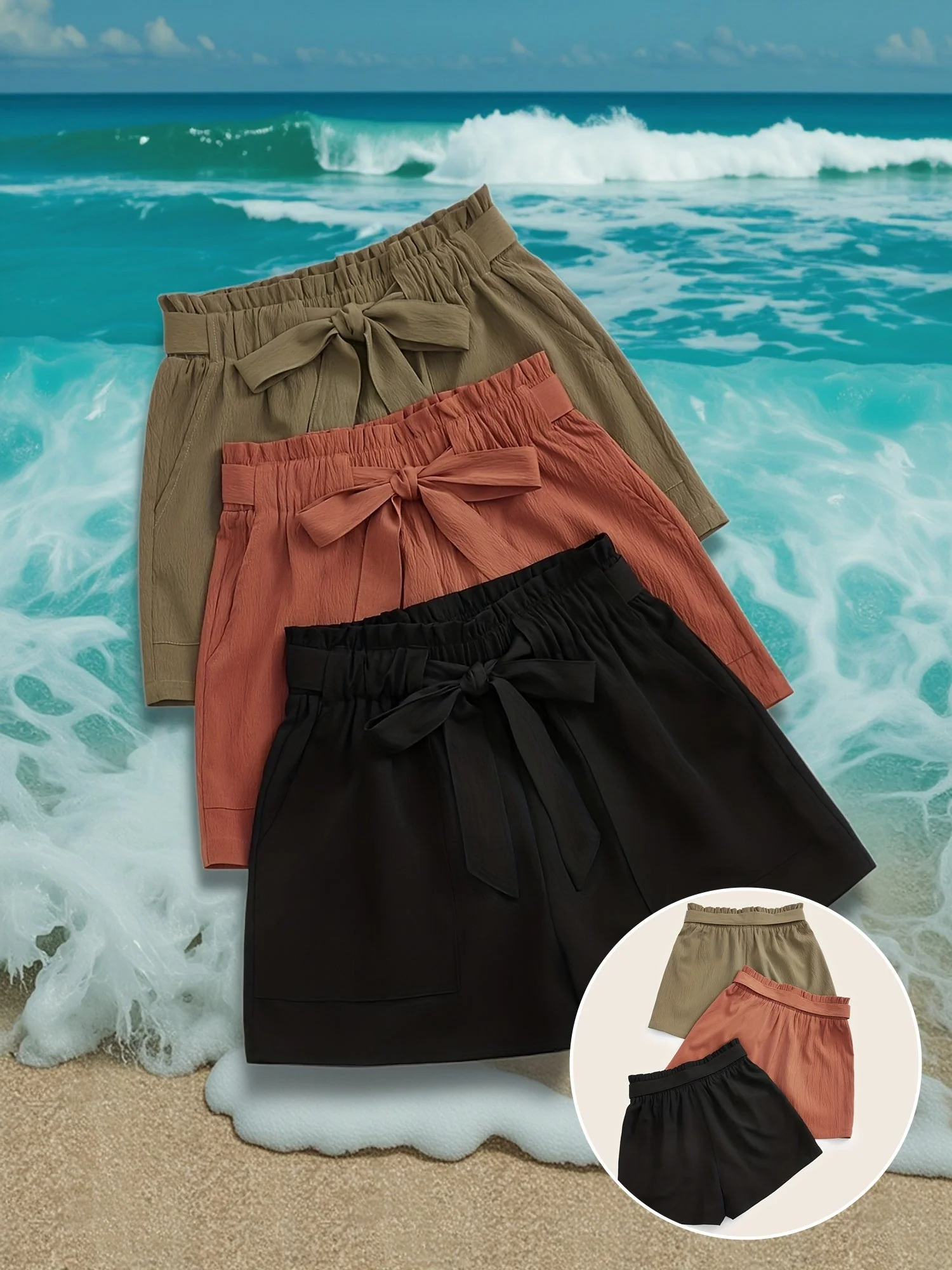 Damen Sommer Shorts mit Schleife – Lässige Strandshorts, 3er Pack, Elastischer Bund, Ideal für Urlaub und Freizeit