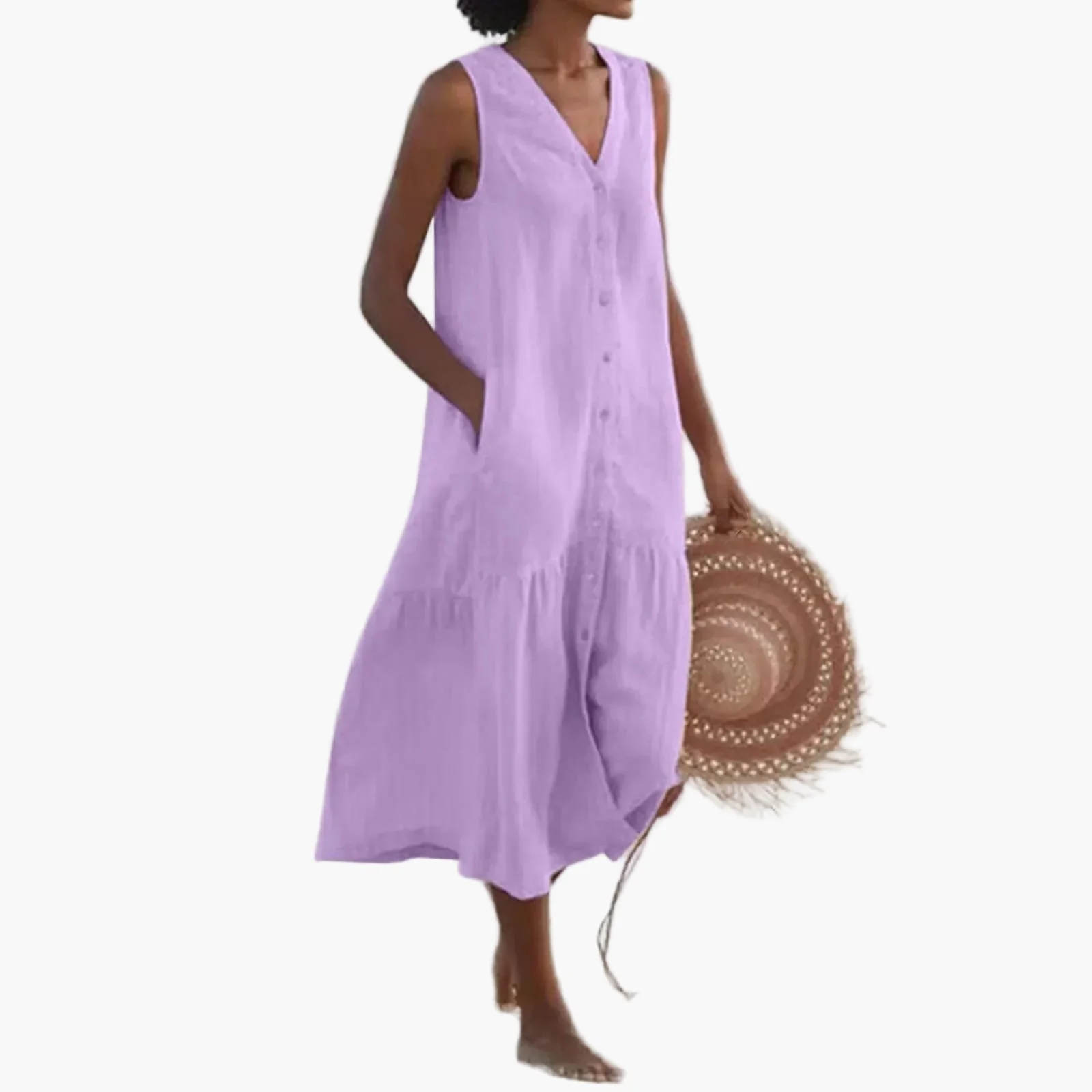 Damen Sommer Strandkleid Ärmellos mit V-Ausschnitt und Knopfleiste – Lässige Freizeitmode - Image 2