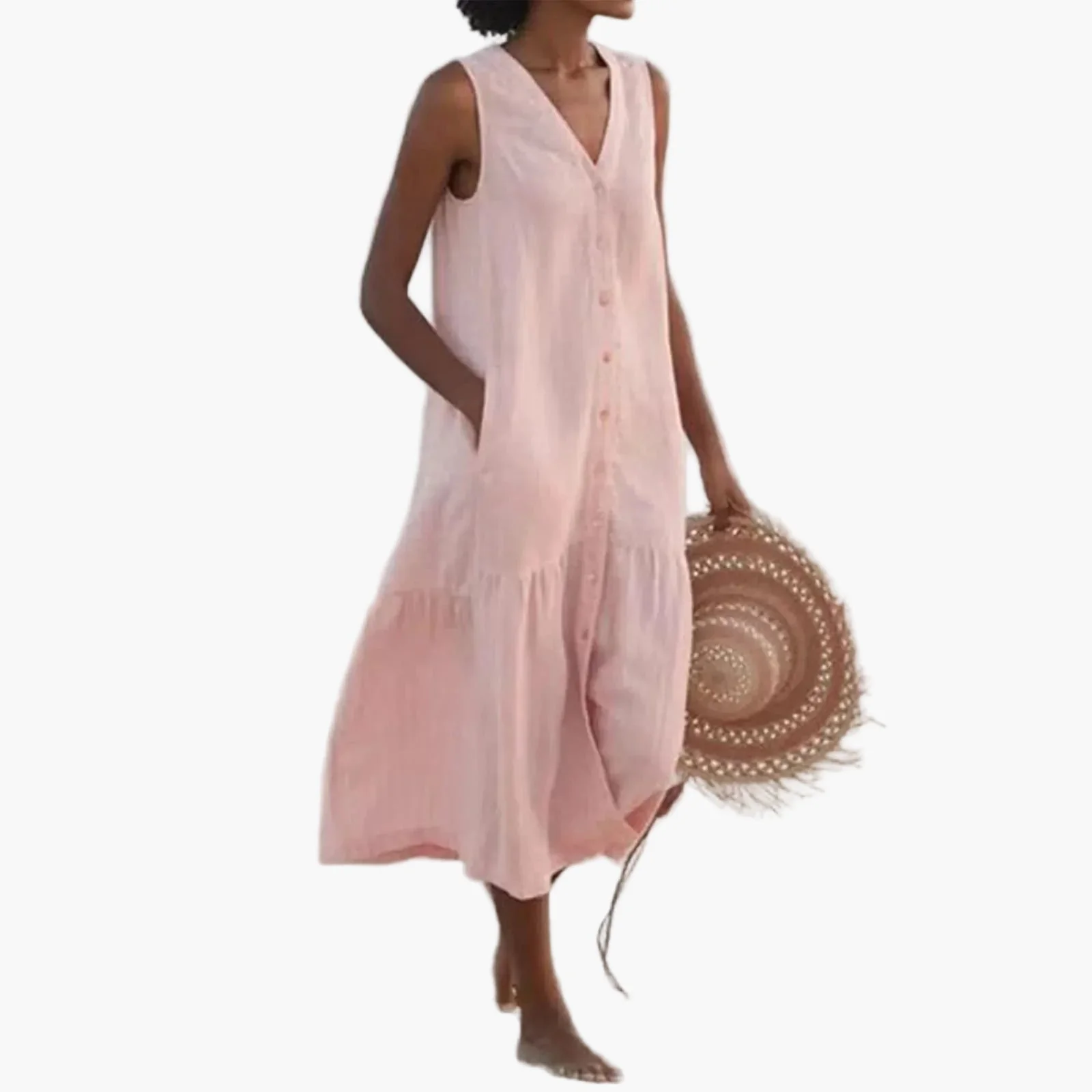 Damen Sommer Strandkleid Ärmellos mit V-Ausschnitt und Knopfleiste – Lässige Freizeitmode - Image 3