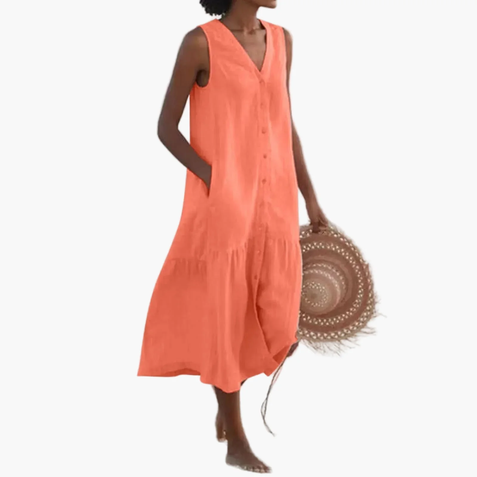 Damen Sommer Strandkleid Ärmellos mit V-Ausschnitt und Knopfleiste – Lässige Freizeitmode - Image 4
