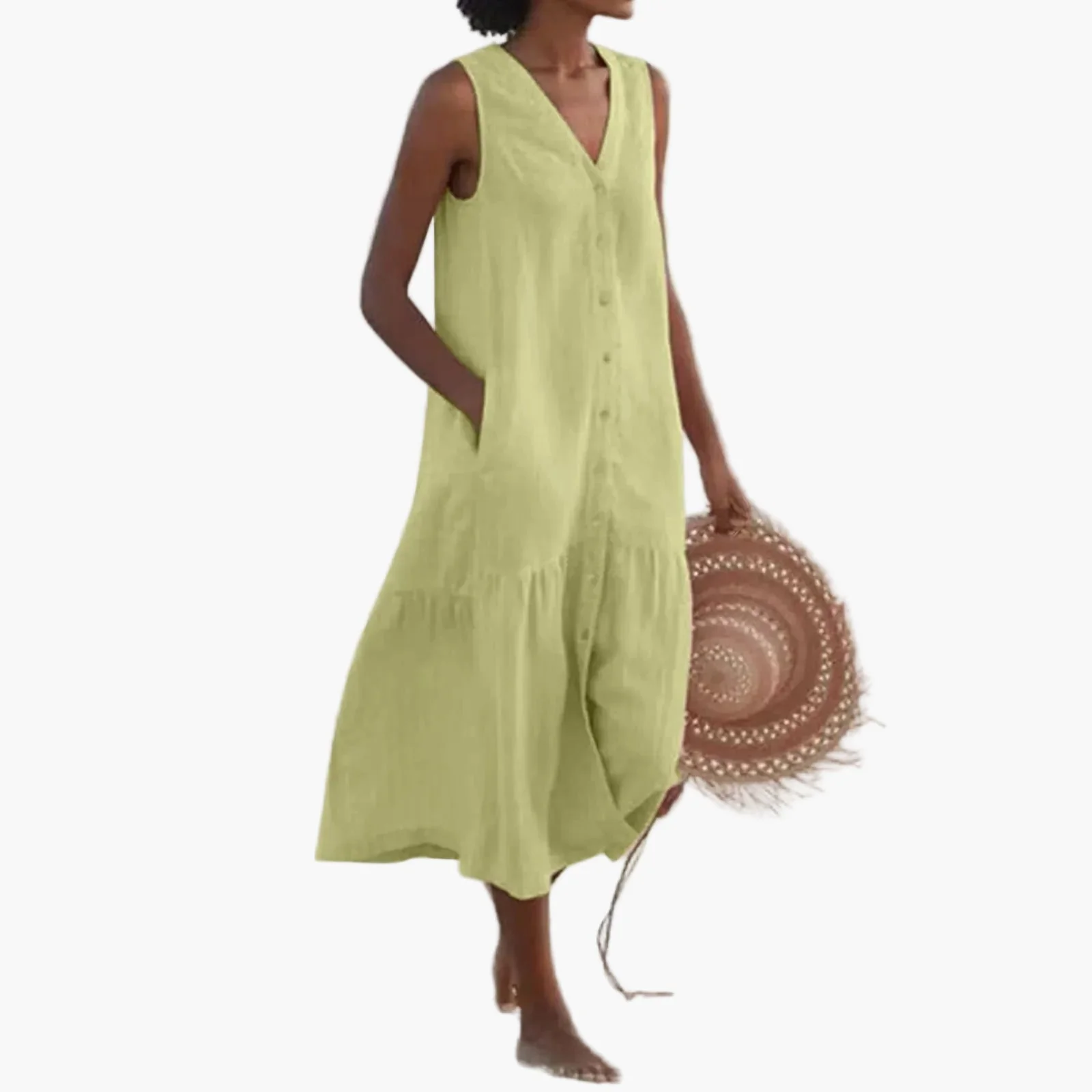 Damen Sommer Strandkleid Ärmellos mit V-Ausschnitt und Knopfleiste – Lässige Freizeitmode - Image 5