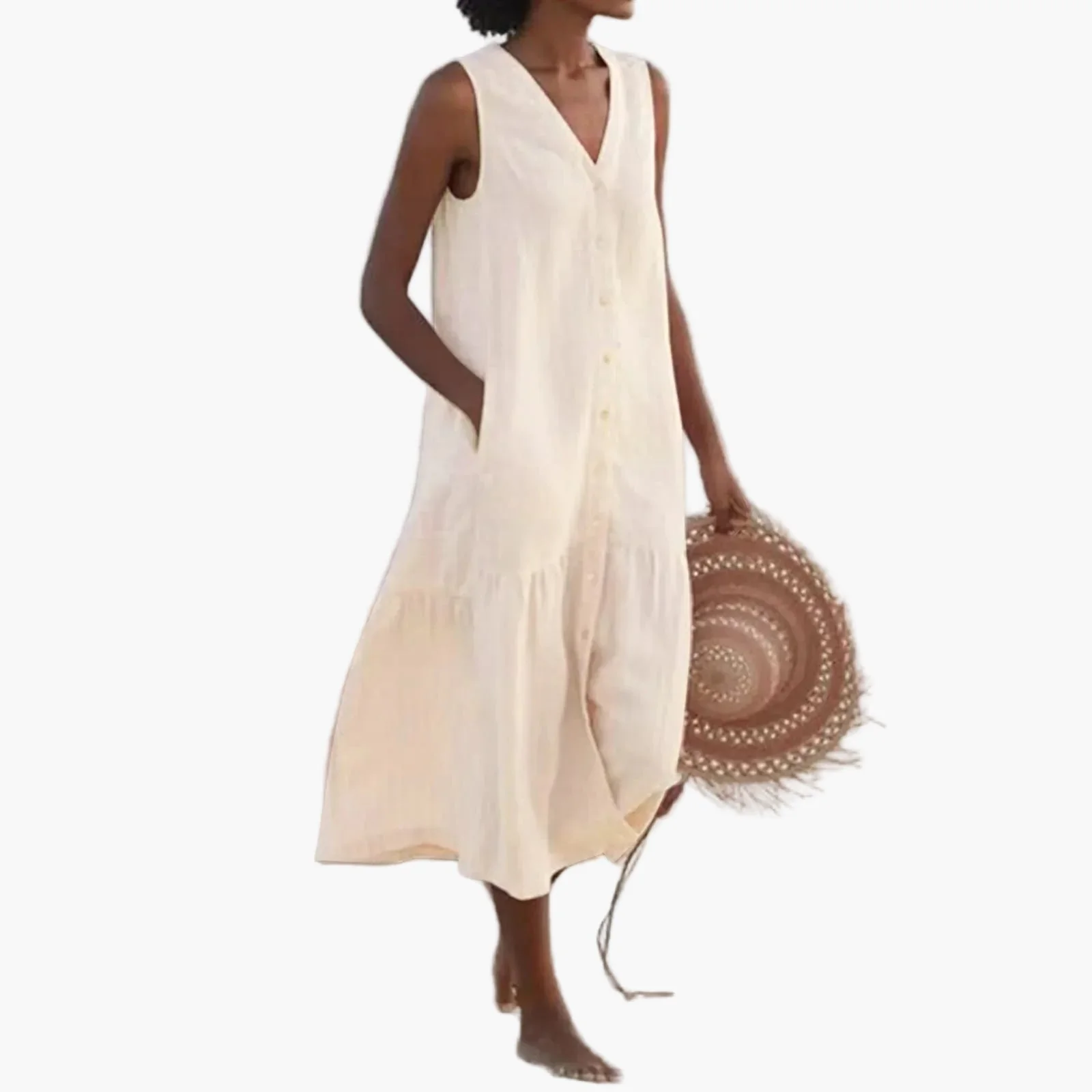 Damen Sommer Strandkleid Ärmellos mit V-Ausschnitt und Knopfleiste – Lässige Freizeitmode - Image 6