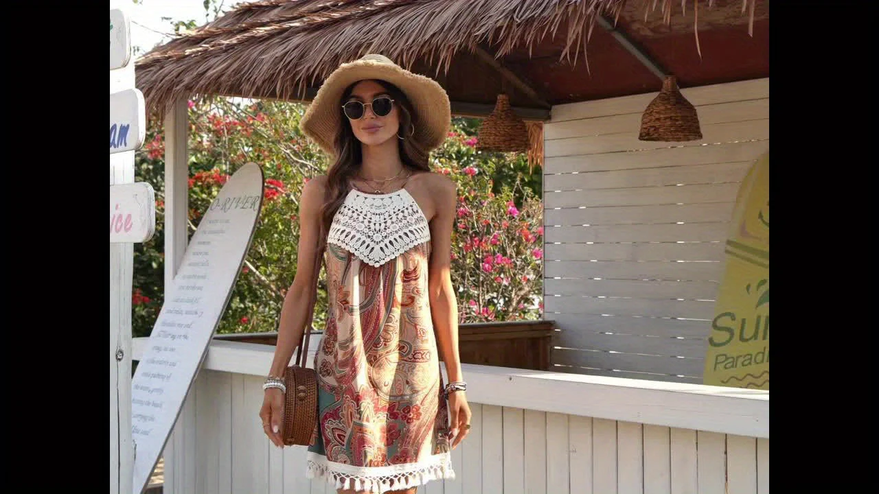 Damen Sommer Strandkleid im Boho-Stil mit Häkel-Details und Paisley-Muster – Elegantes Freizeit-Tunika-Kleid für Urlaub und Alltag - Image 11