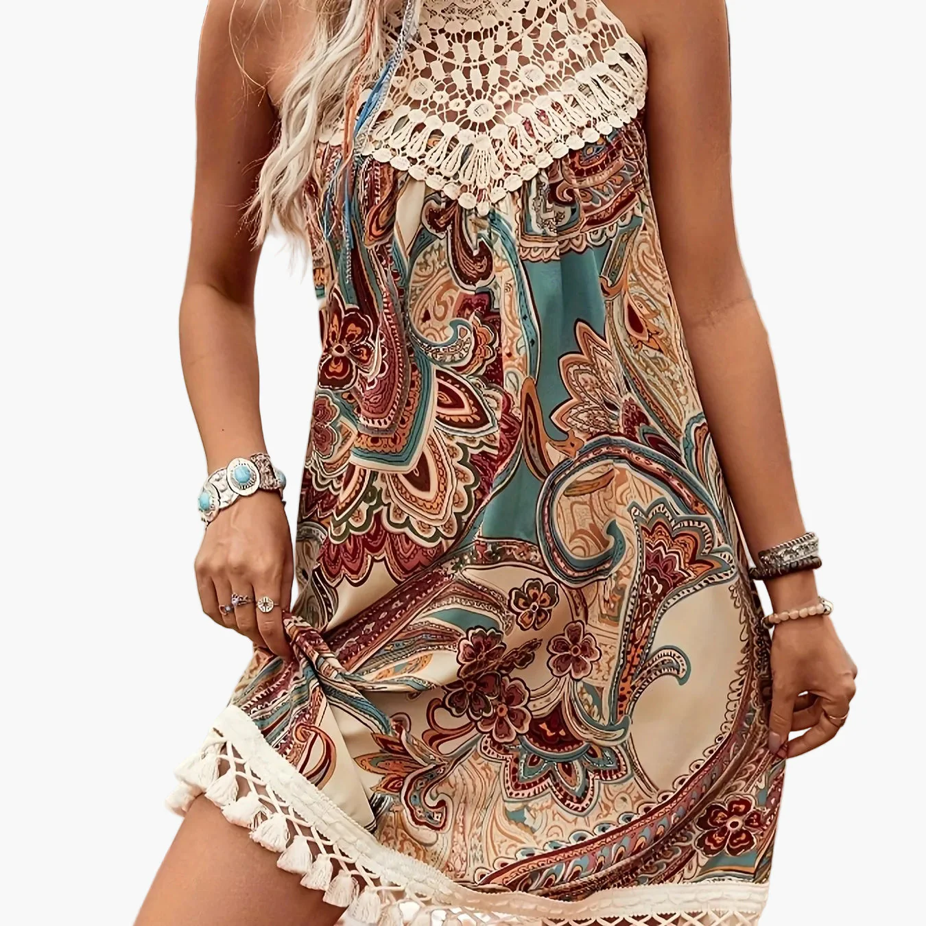 Damen Sommer Strandkleid im Boho-Stil mit Häkel-Details und Paisley-Muster – Elegantes Freizeit-Tunika-Kleid für Urlaub und Alltag - Image 14