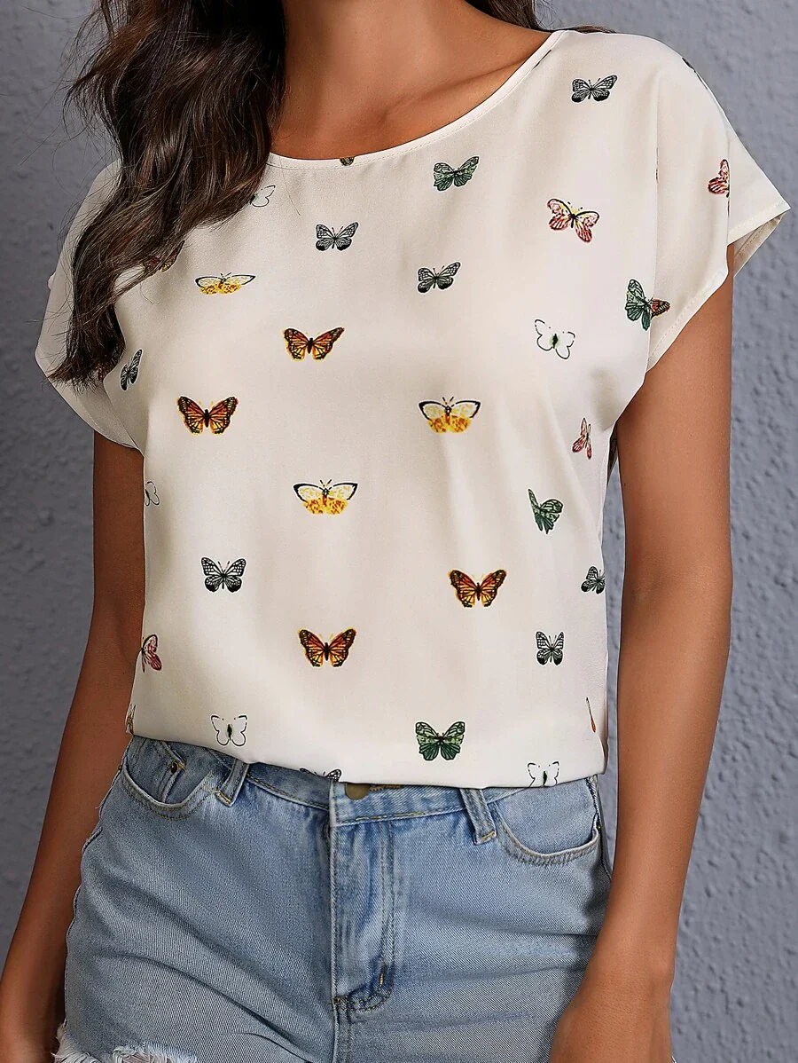 Damen Sommer T-Shirt mit Schmetterlingsmuster – Modisches Freizeit-Top, lässiger Stil - Image 3