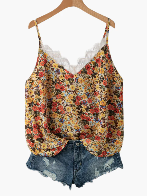 Damen Sommer-Top mit Blumenmuster und Spitzenbesatz, Freizeit Spaghettiträger Tanktop - Image 15