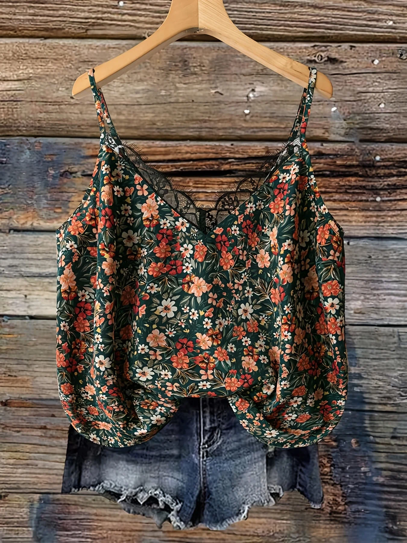 Damen Sommer-Top mit Blumenmuster und Spitzenbesatz, Freizeit Spaghettiträger Tanktop - Image 3