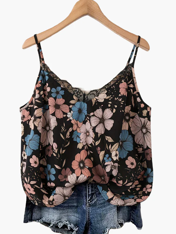 Damen Sommer-Top mit Blumenmuster und Spitzenbesatz, Freizeit Spaghettiträger Tanktop - Image 9