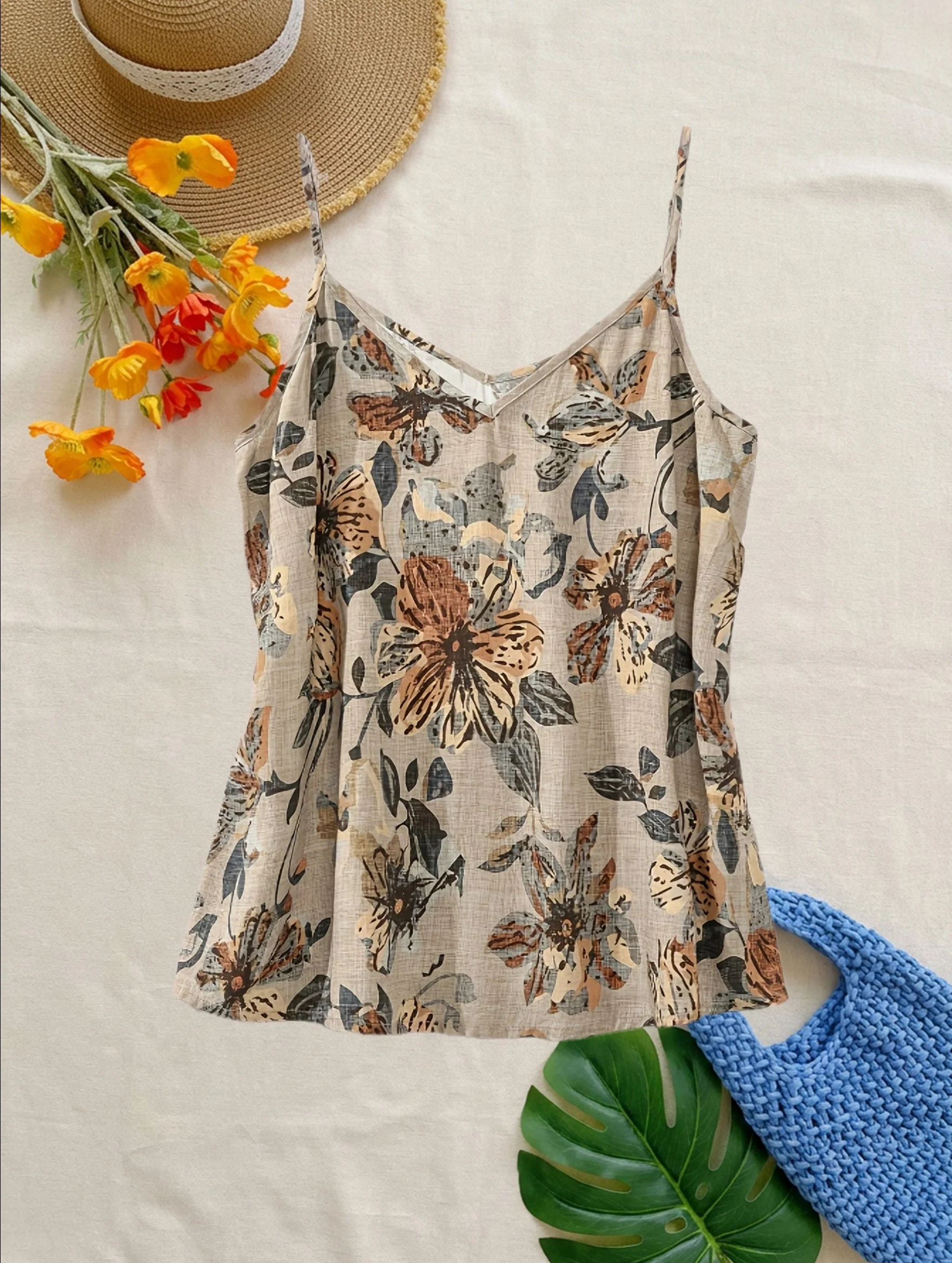 Damen Sommer-Top mit Blumenmuster, V-Ausschnitt, Spaghettiträger, Freizeitbluse für Urlaub und Alltag