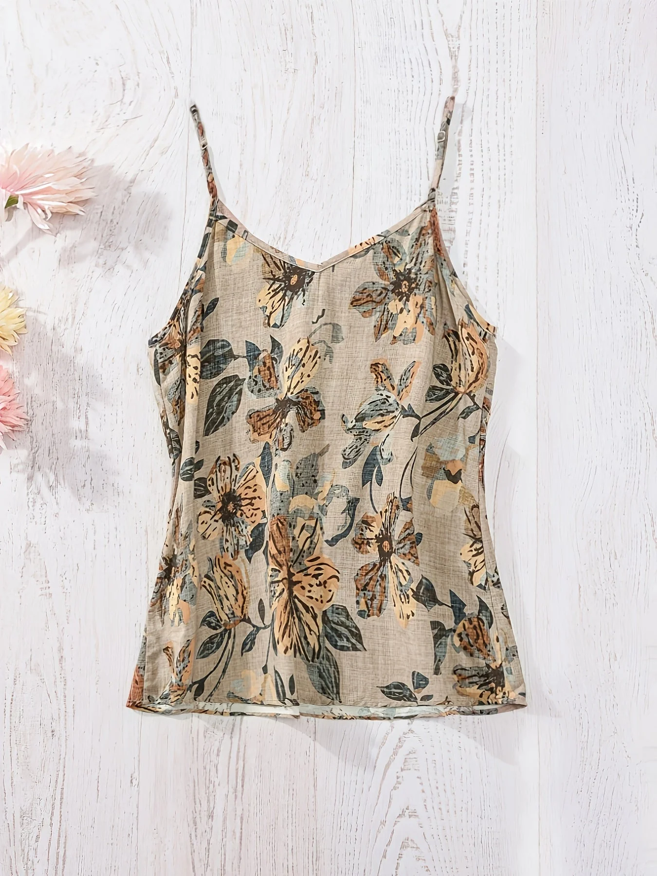 Damen Sommer-Top mit Blumenmuster, V-Ausschnitt, Spaghettiträger, Freizeitbluse für Urlaub und Alltag - Image 3