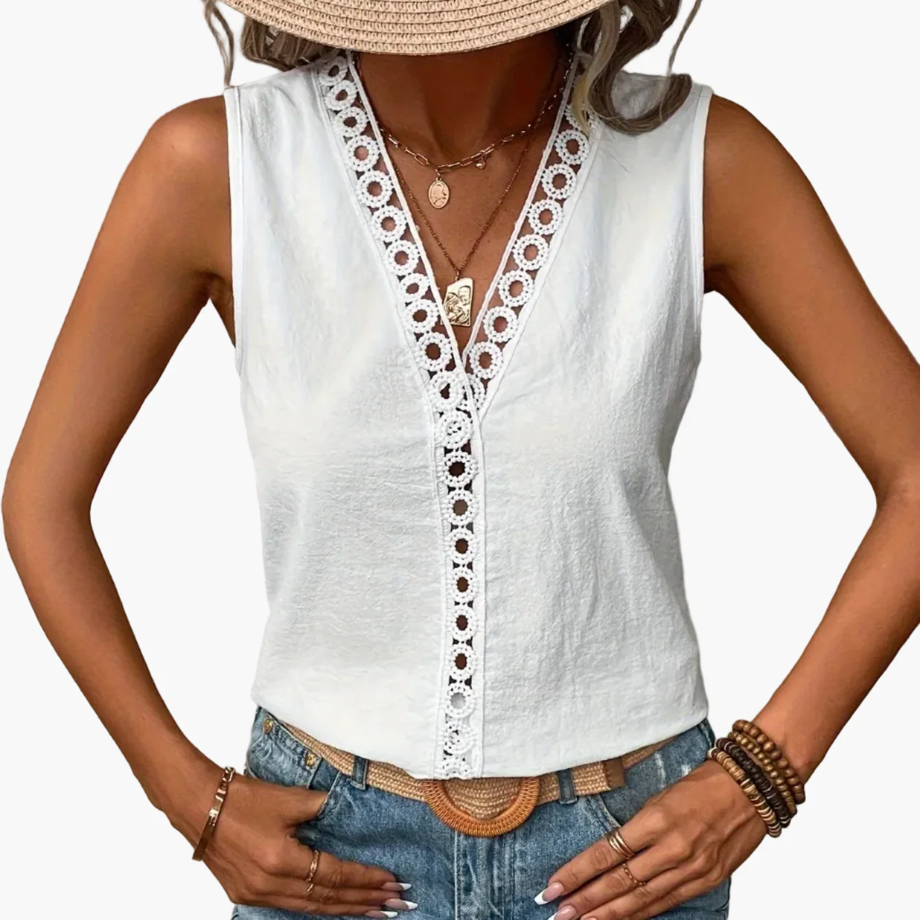 Damen Sommer Top mit Spitze, V-Ausschnitt, Elegant, Freizeit - Image 10