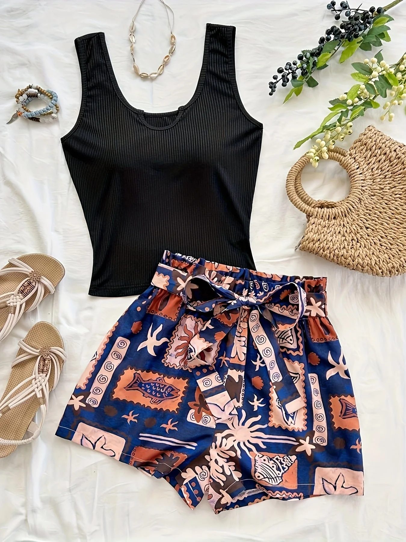 Damen Sommer Zweiteiler Set – Tropische Shorts und Geripptes Top für Urlaub und Freizeit - Image 2