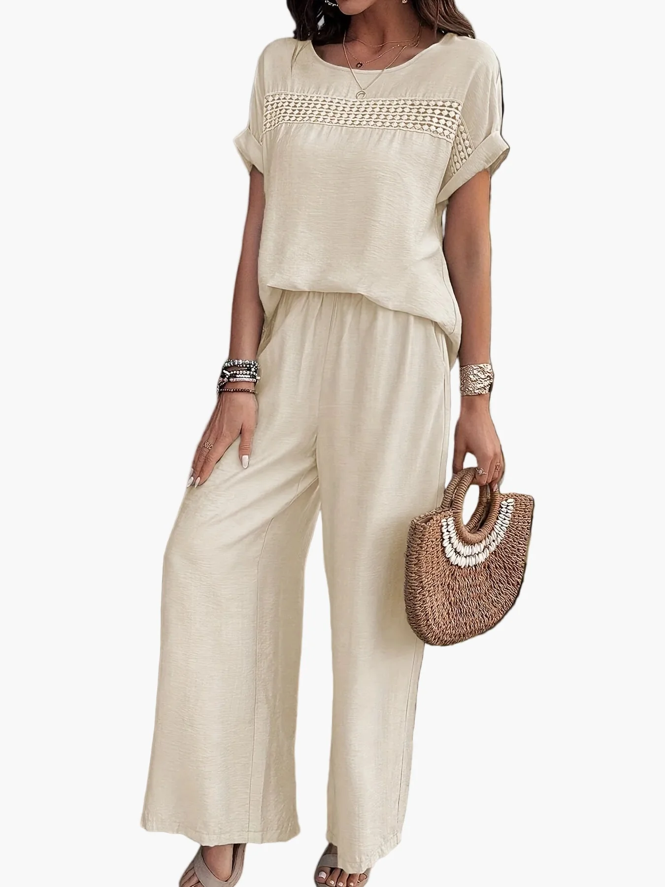 Damen Sommer Zweiteiler Set – Weites Freizeit Outfit mit Häkel-Detail, Perfekt für Strand & Alltag - Image 3