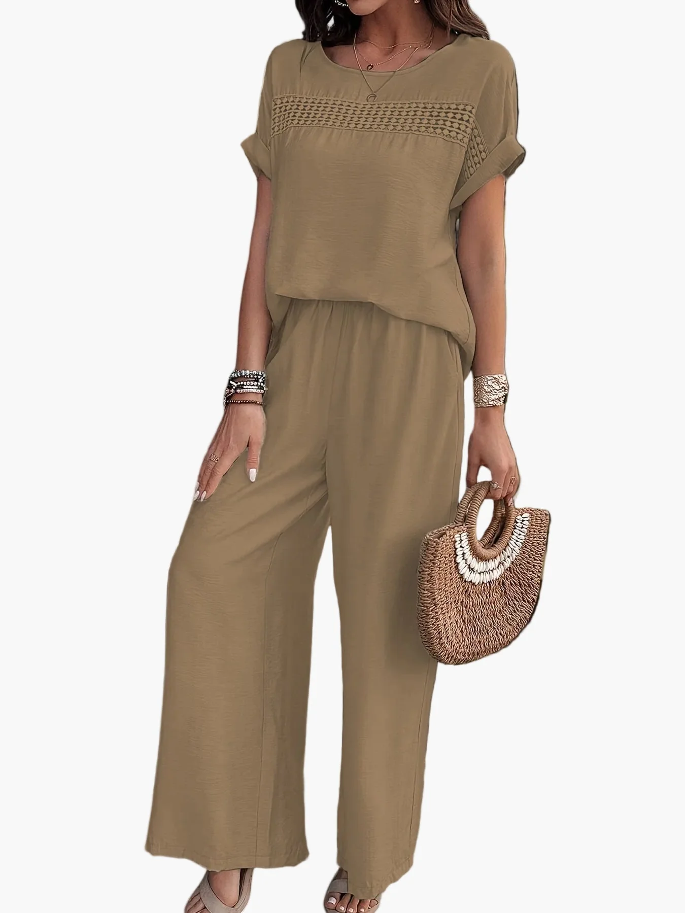 Damen Sommer Zweiteiler Set – Weites Freizeit Outfit mit Häkel-Detail, Perfekt für Strand & Alltag - Image 4