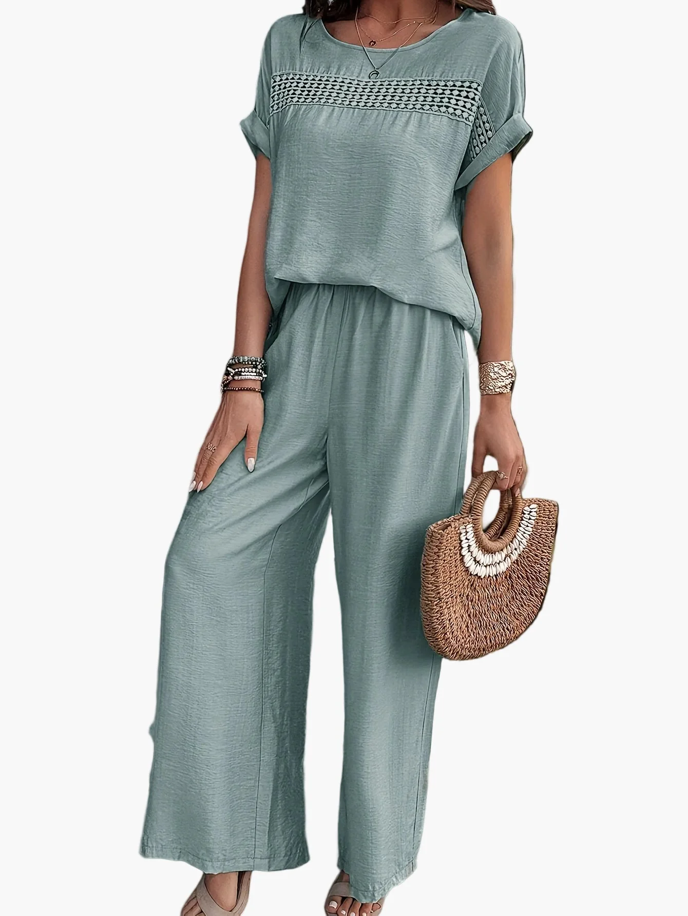 Damen Sommer Zweiteiler Set – Weites Freizeit Outfit mit Häkel-Detail, Perfekt für Strand & Alltag - Image 7