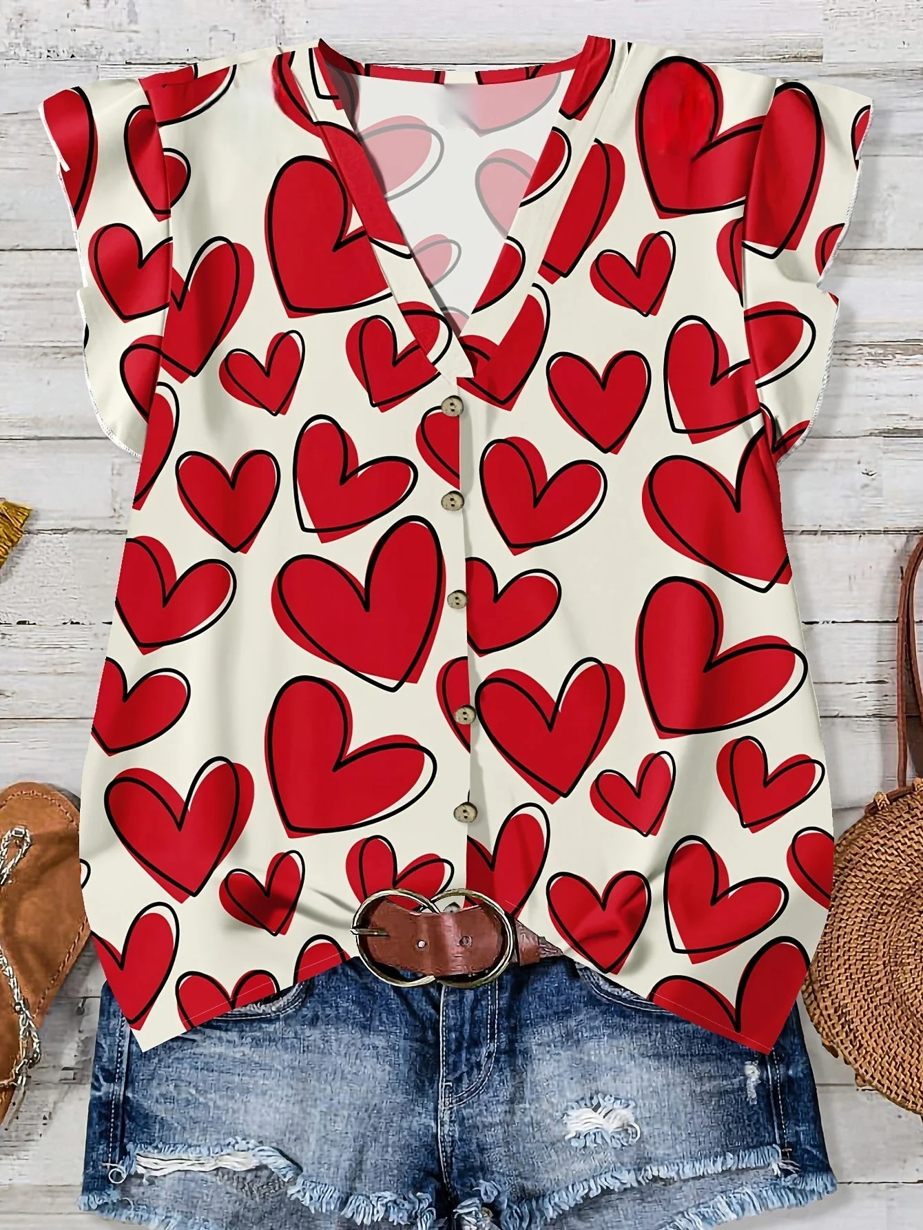 Damen Sommerbluse mit Herzen, V-Ausschnitt, Knopfleiste, Freizeit & Romantischer Stil