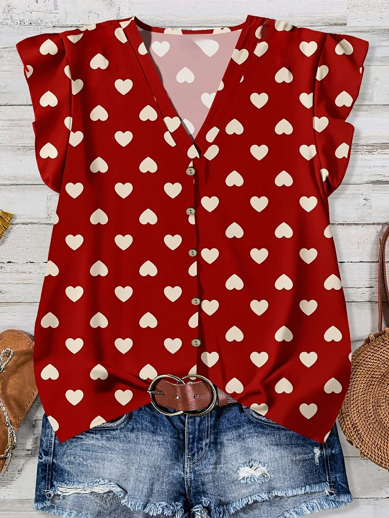 Damen Sommerbluse mit Herzen, V-Ausschnitt, Knopfleiste, Freizeit & Romantischer Stil - Image 2