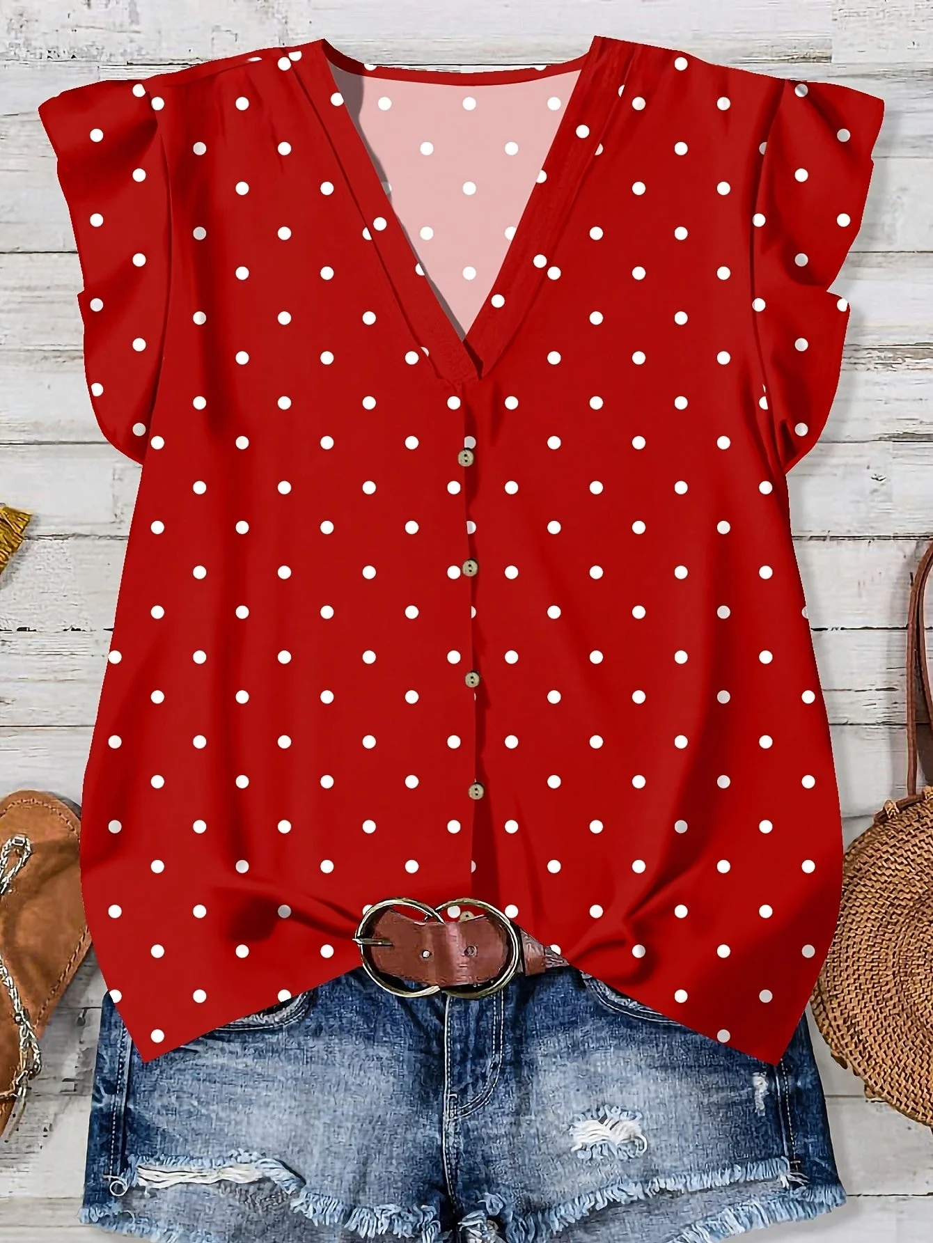 Damen Sommerbluse mit Herzen, V-Ausschnitt, Knopfleiste, Freizeit & Romantischer Stil - Image 3