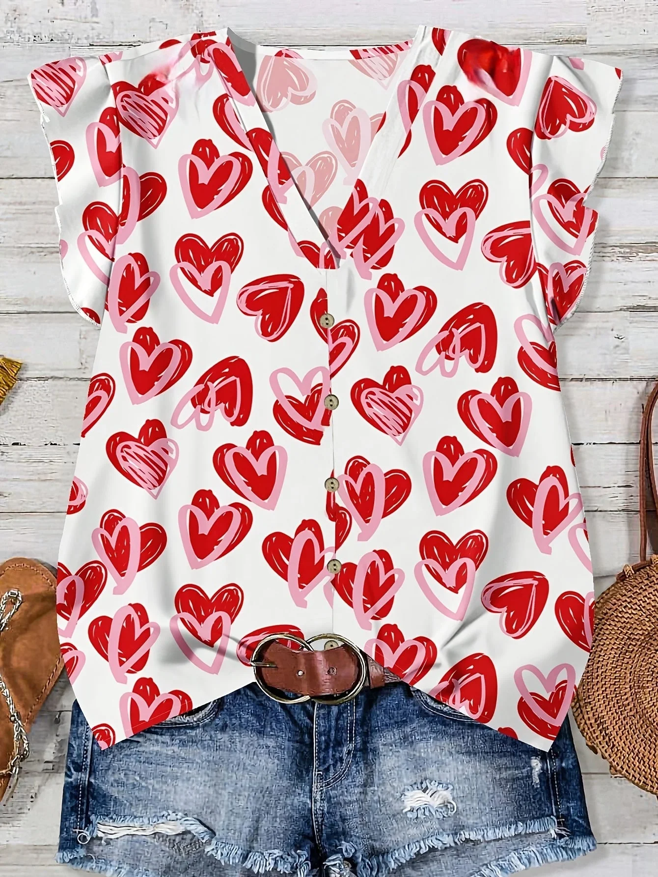 Damen Sommerbluse mit Herzen, V-Ausschnitt, Knopfleiste, Freizeit & Romantischer Stil - Image 5