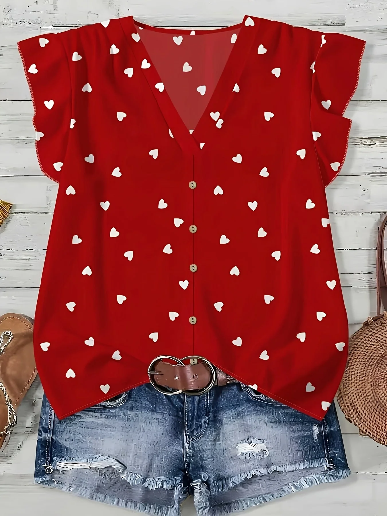 Damen Sommerbluse mit Herzen, V-Ausschnitt, Knopfleiste, Freizeit & Romantischer Stil - Image 6