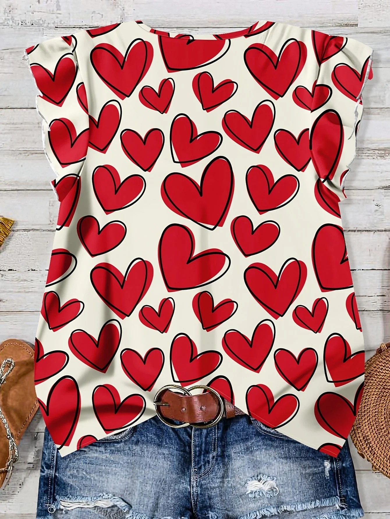 Damen Sommerbluse mit Herzen, V-Ausschnitt, Knopfleiste, Freizeit & Romantischer Stil - Image 7