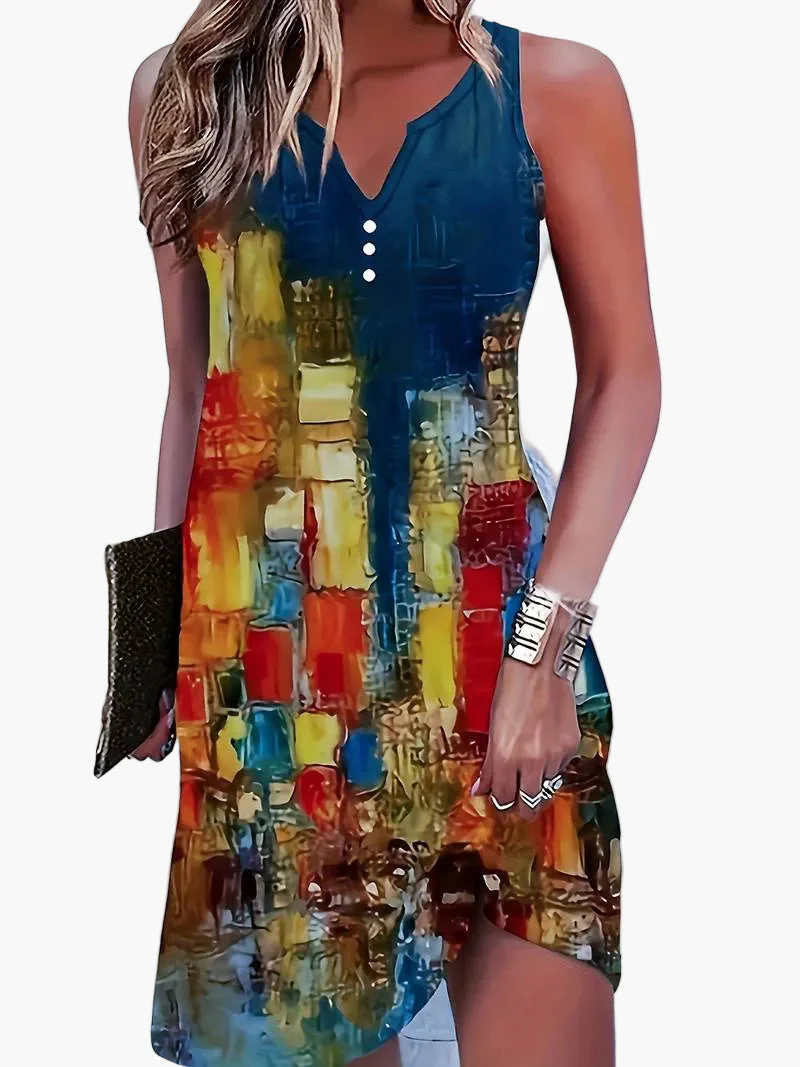 Damen Sommerkleid ärmellos mit abstraktem Kunst-Print – modisch und vielseitig für Freizeit & Events