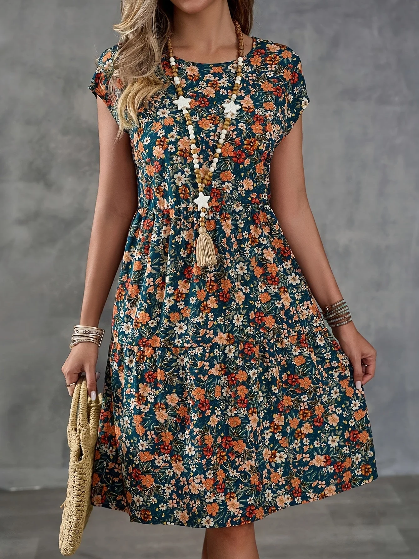 Damen Sommerkleid mit Blumenmuster – Freizeit & Urlaub, A-Linien-Kleid, Knielang, Kurzarm - Image 2