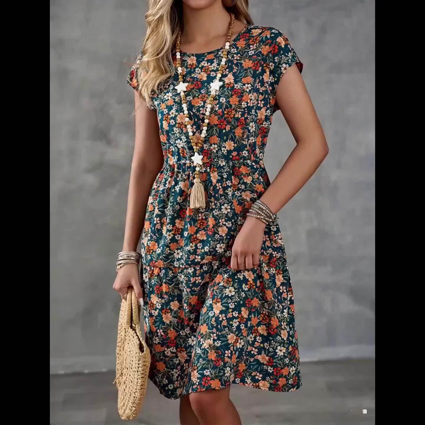 Damen Sommerkleid mit Blumenmuster – Freizeit & Urlaub, A-Linien-Kleid, Knielang, Kurzarm - Image 7
