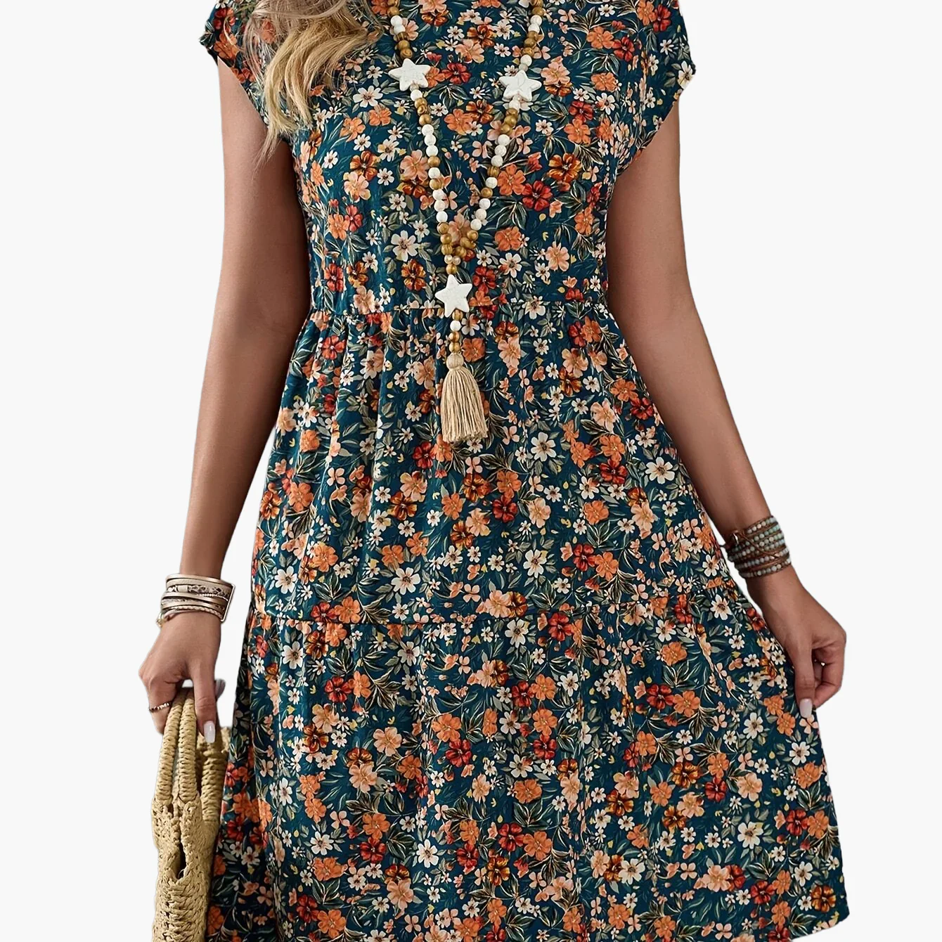 Damen Sommerkleid mit Blumenmuster – Freizeit & Urlaub, A-Linien-Kleid, Knielang, Kurzarm - Image 8