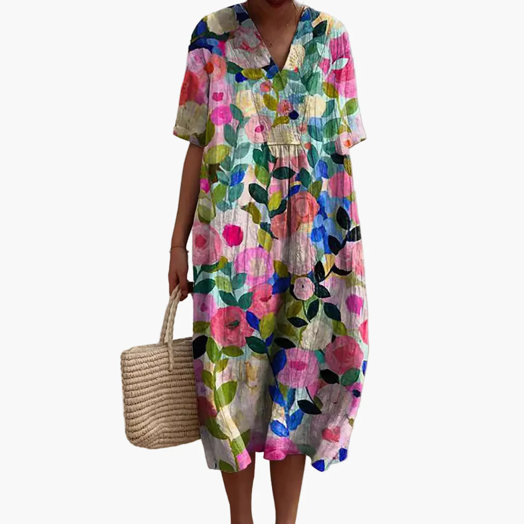 Damen Sommerkleid Boho Stil mit Blumenmuster, Freizeitkleid, V-Ausschnitt, Kurzarm