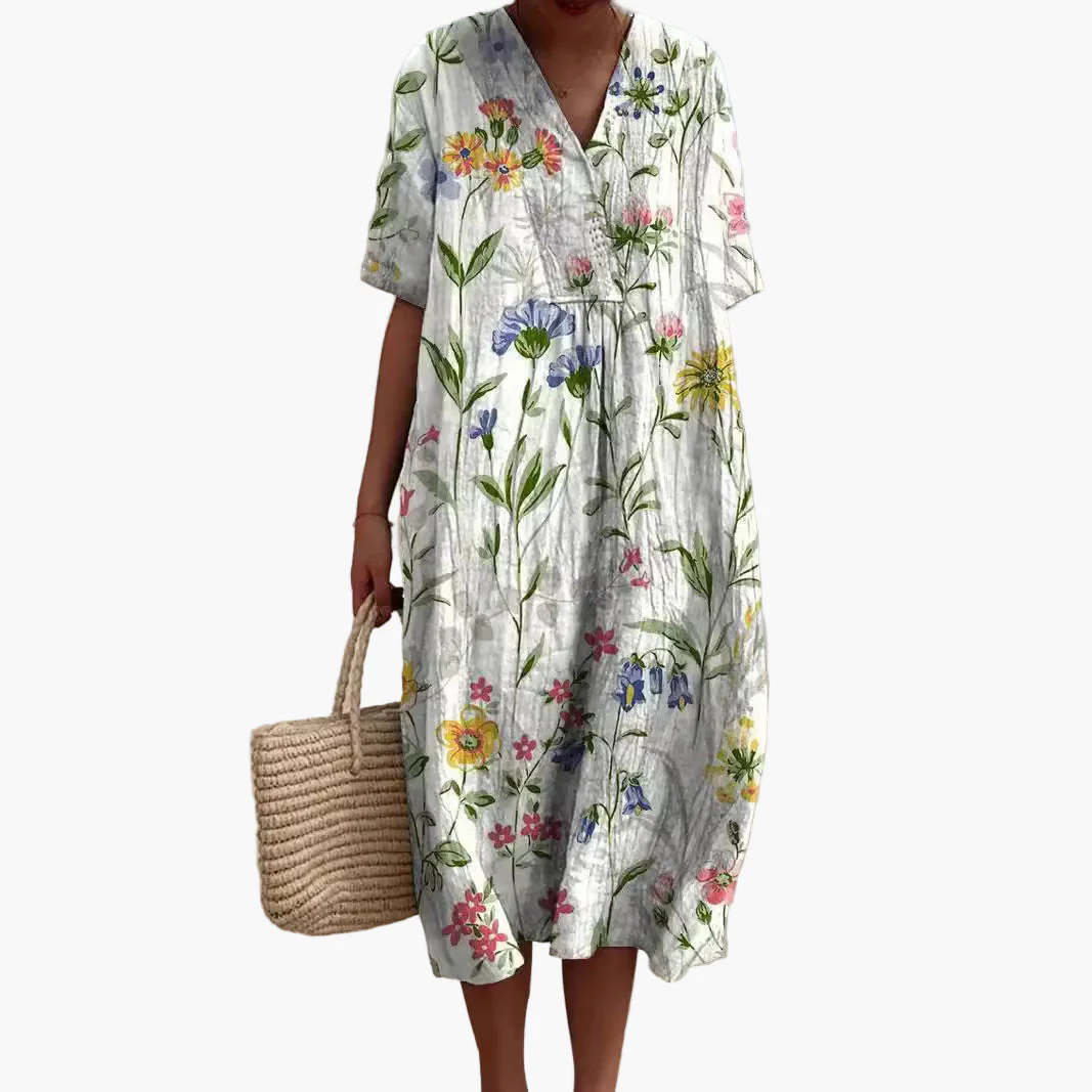 Damen Sommerkleid Boho Stil mit Blumenmuster, Freizeitkleid, V-Ausschnitt, Kurzarm - Image 2