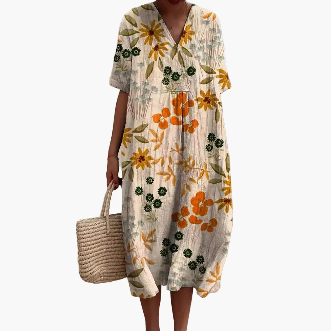 Damen Sommerkleid Boho Stil mit Blumenmuster, Freizeitkleid, V-Ausschnitt, Kurzarm - Image 3