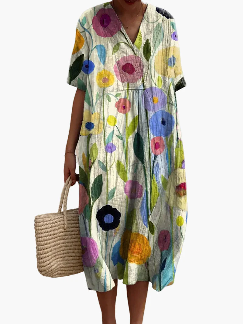 Damen Sommerkleid Boho Stil mit Blumenmuster, Freizeitkleid, V-Ausschnitt, Kurzarm - Image 5