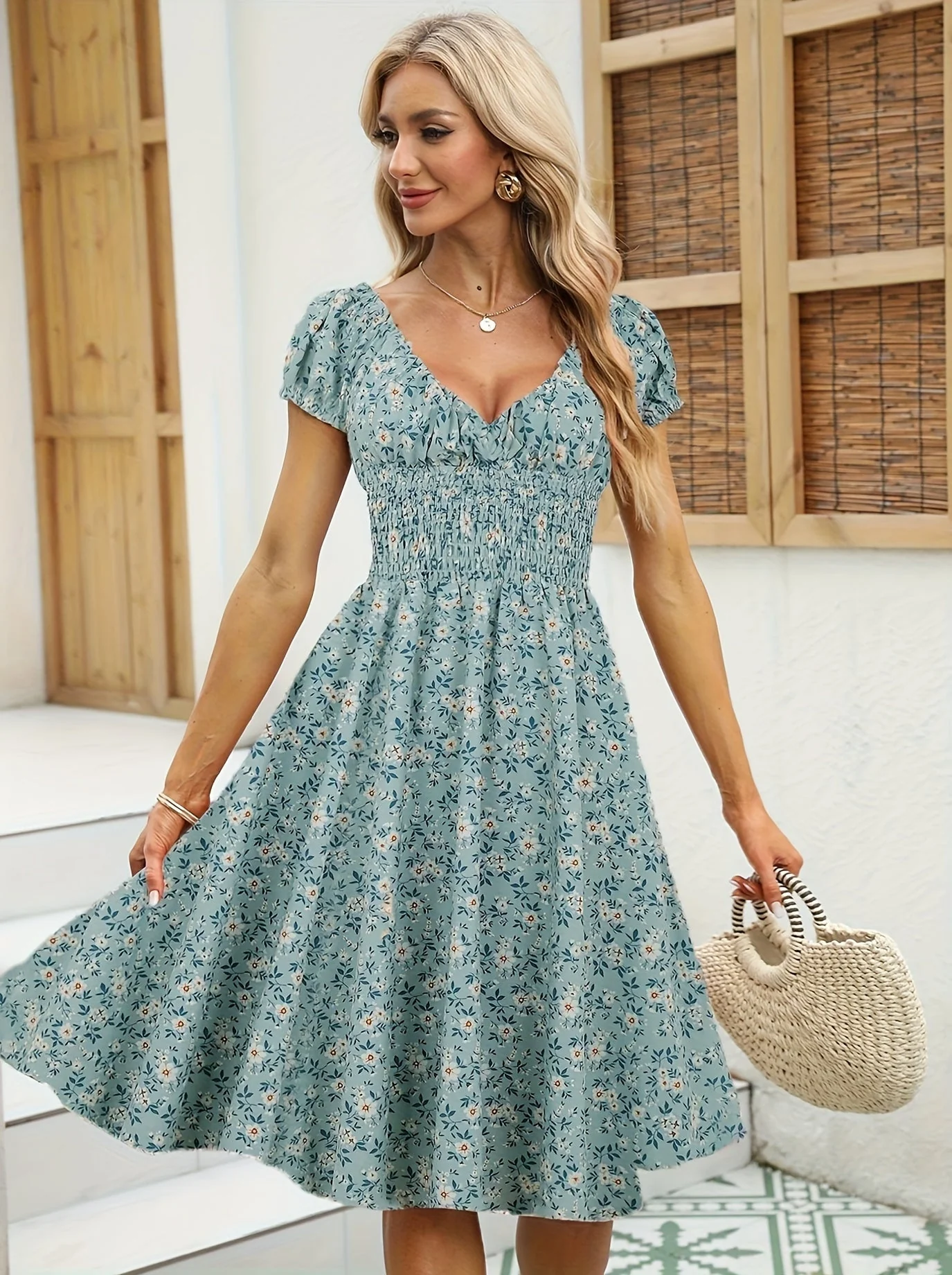 Damen Sommerkleid Elegant mit Blumenmuster und Kurzarm – Perfekt für Alltag und Urlaub