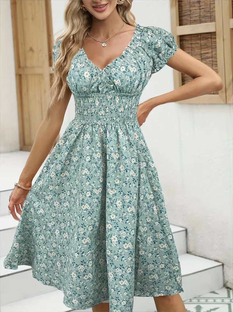 Damen Sommerkleid Elegant mit Blumenmuster und Kurzarm – Perfekt für Alltag und Urlaub - Image 2