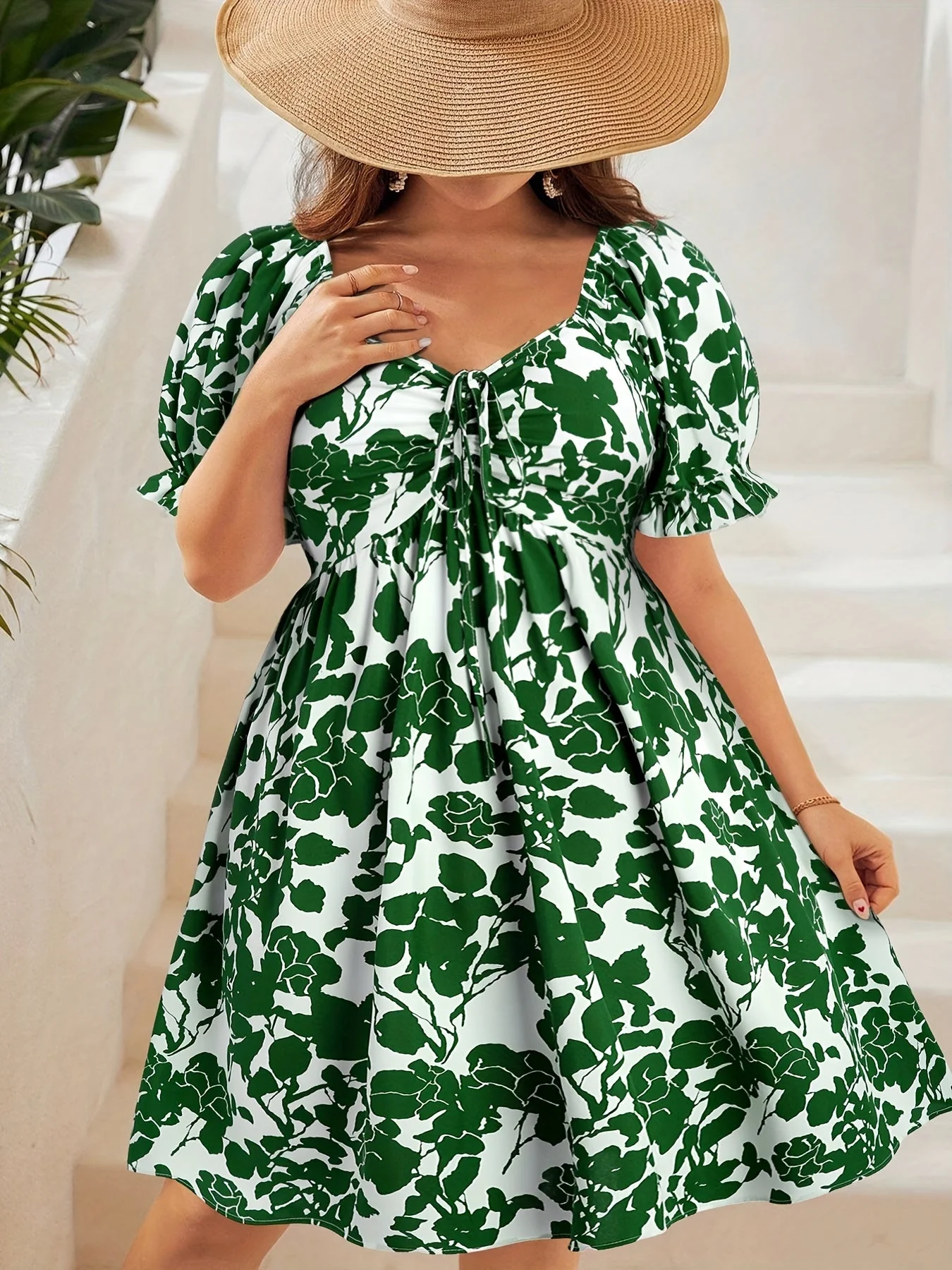 Damen Sommerkleid Elegant mit Blumenmuster und Puffärmeln, Fit & Flare, Perfekt für Urlaub und Freizeit - Image 2