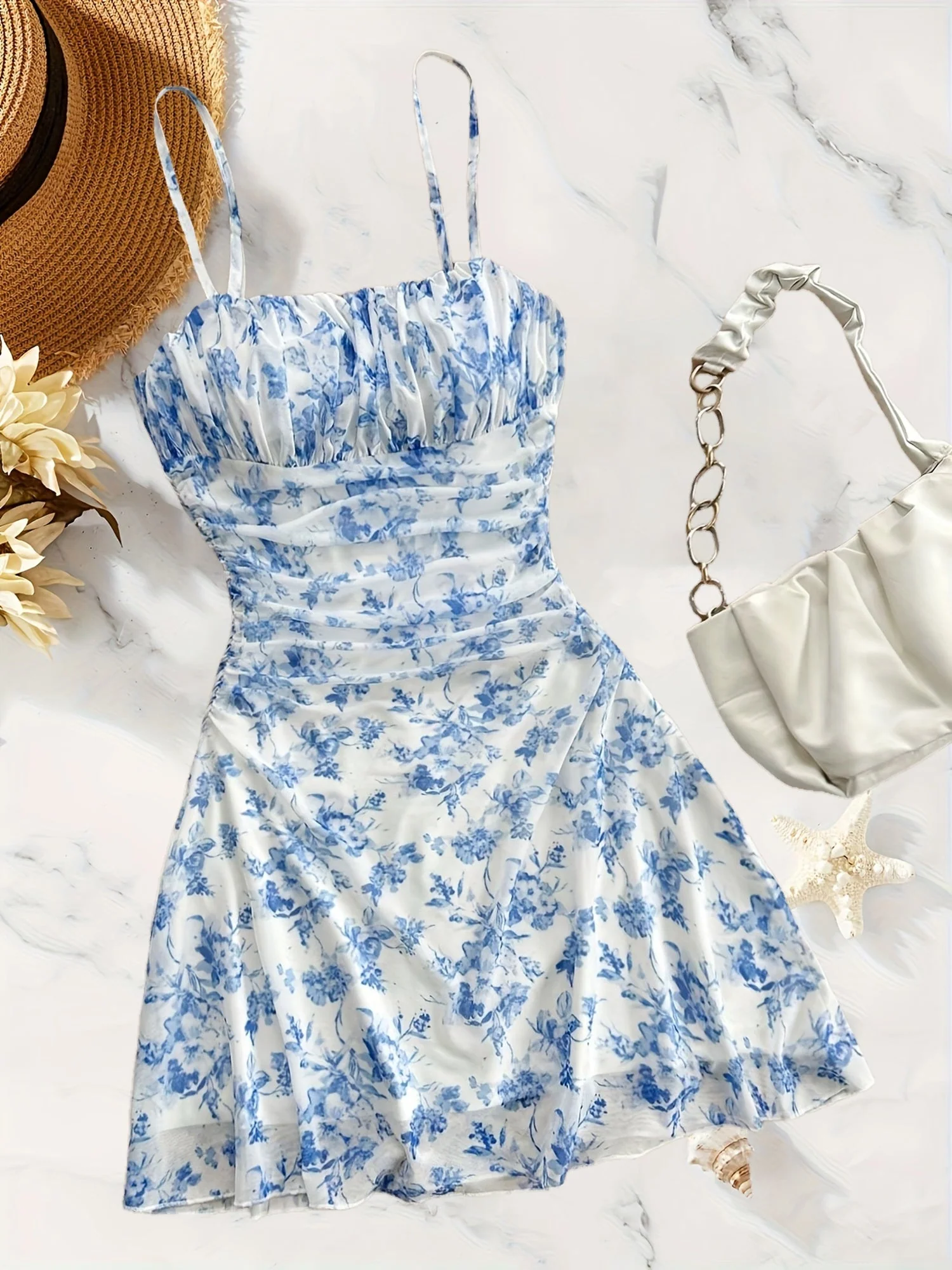 Damen Sommerkleid Elegant mit Blumenmuster und Spaghettiträgern – Perfekt für Freizeit und Urlaub