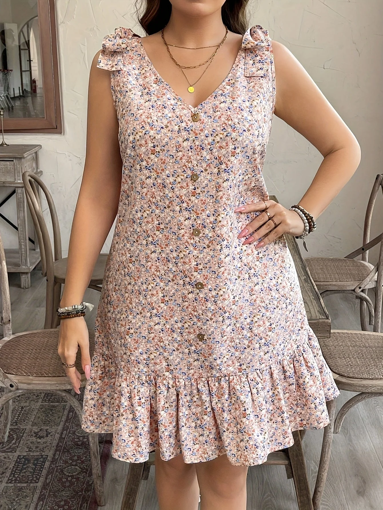 Damen Sommerkleid Elegant mit V-Ausschnitt und Rüschen, Freizeitkleid mit Knopfleiste, Plus Size - Image 4