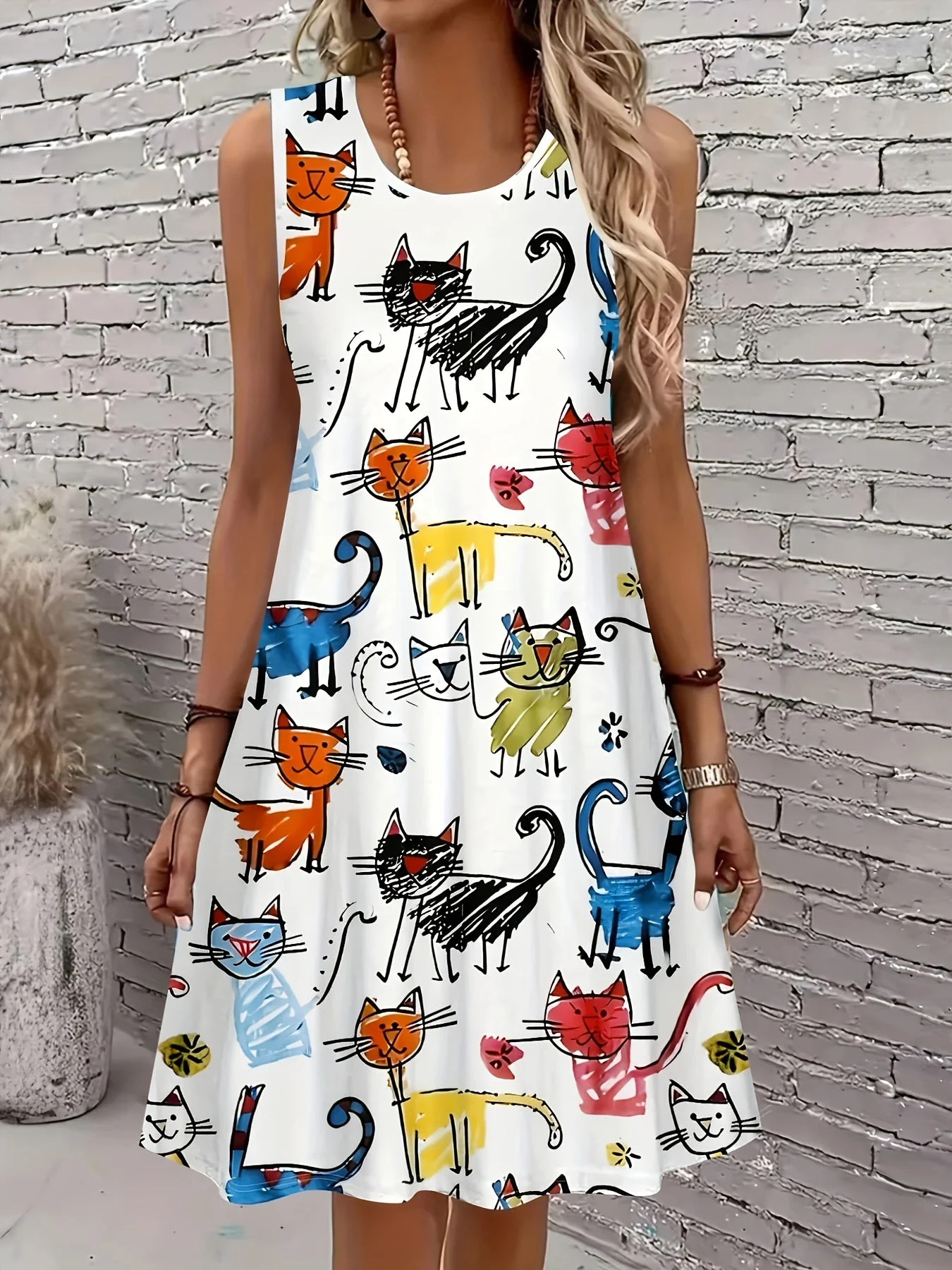 Damen Sommerkleid mit Katzen-Print, lässig, ärmellos, A-Linie, ideal für Alltag und Freizeit - Image 2