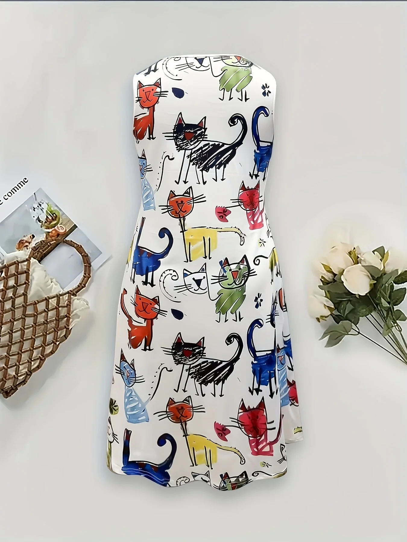 Damen Sommerkleid mit Katzen-Print, lässig, ärmellos, A-Linie, ideal für Alltag und Freizeit - Image 3
